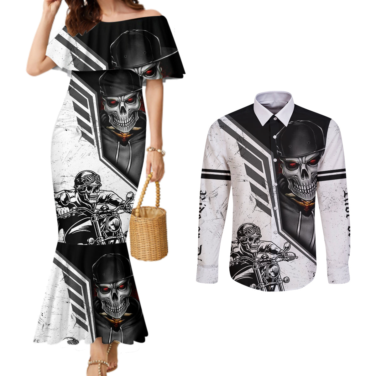 skull-couples-matching-mermaid-dress-and-long-sleeve-button-shirts-riding-motocycle