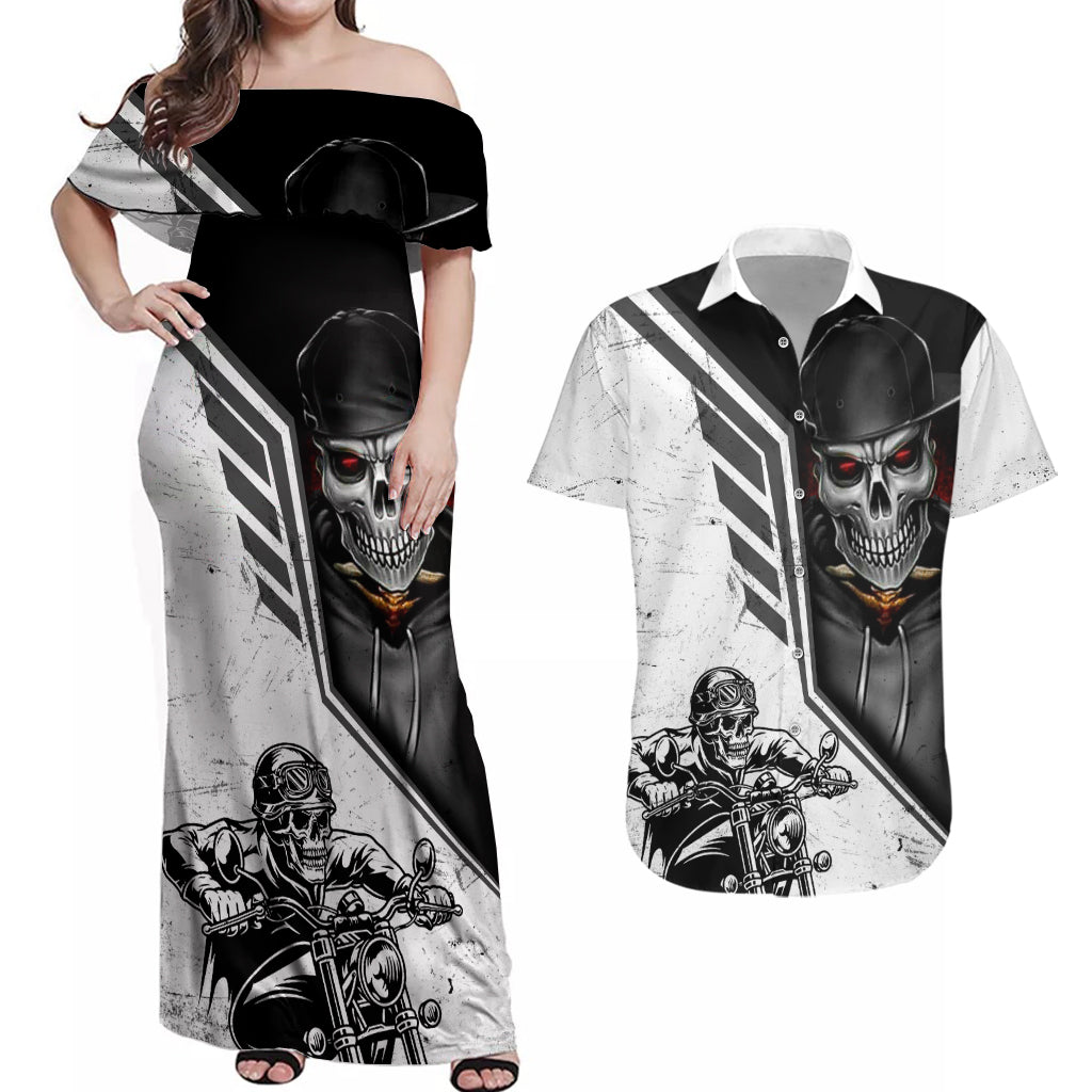 skull-couples-matching-off-shoulder-maxi-dress-and-hawaiian-shirt-riding-motocycle