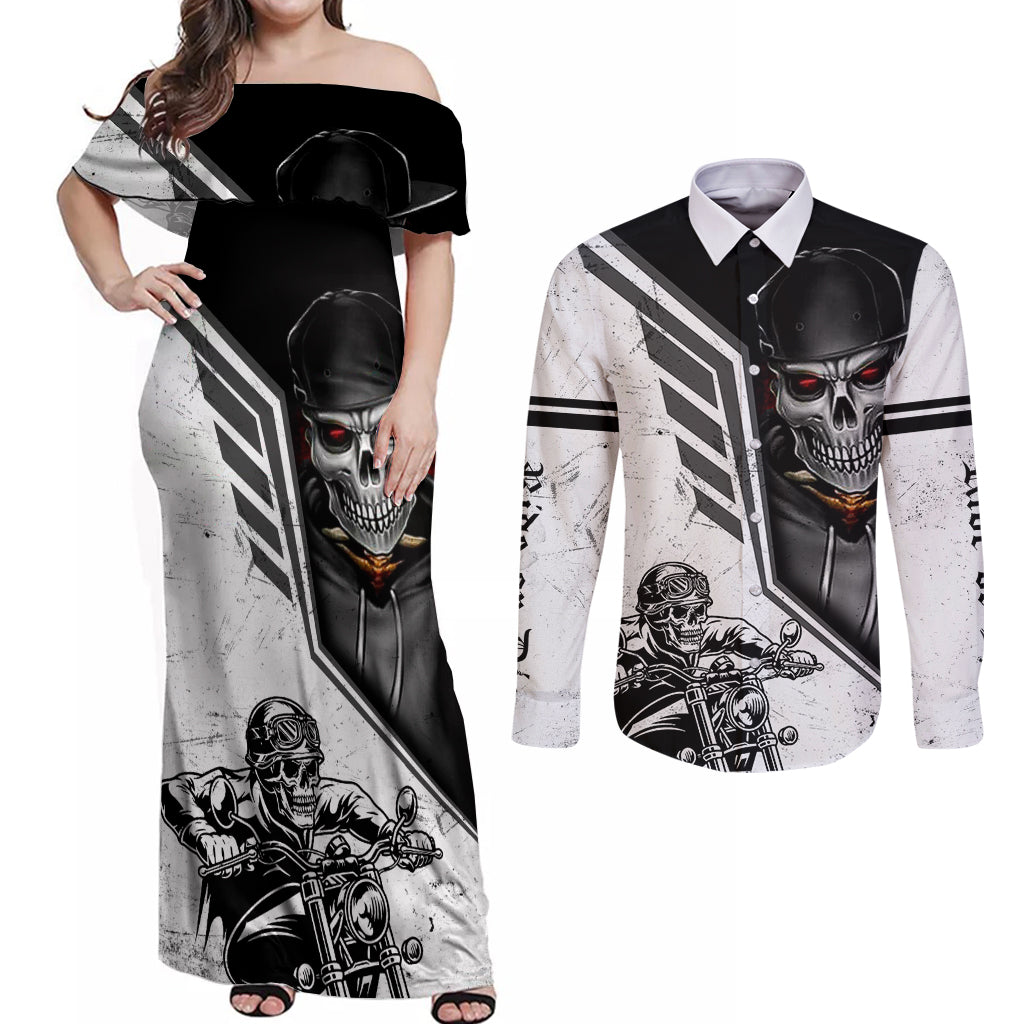 skull-couples-matching-off-shoulder-maxi-dress-and-long-sleeve-button-shirts-riding-motocycle