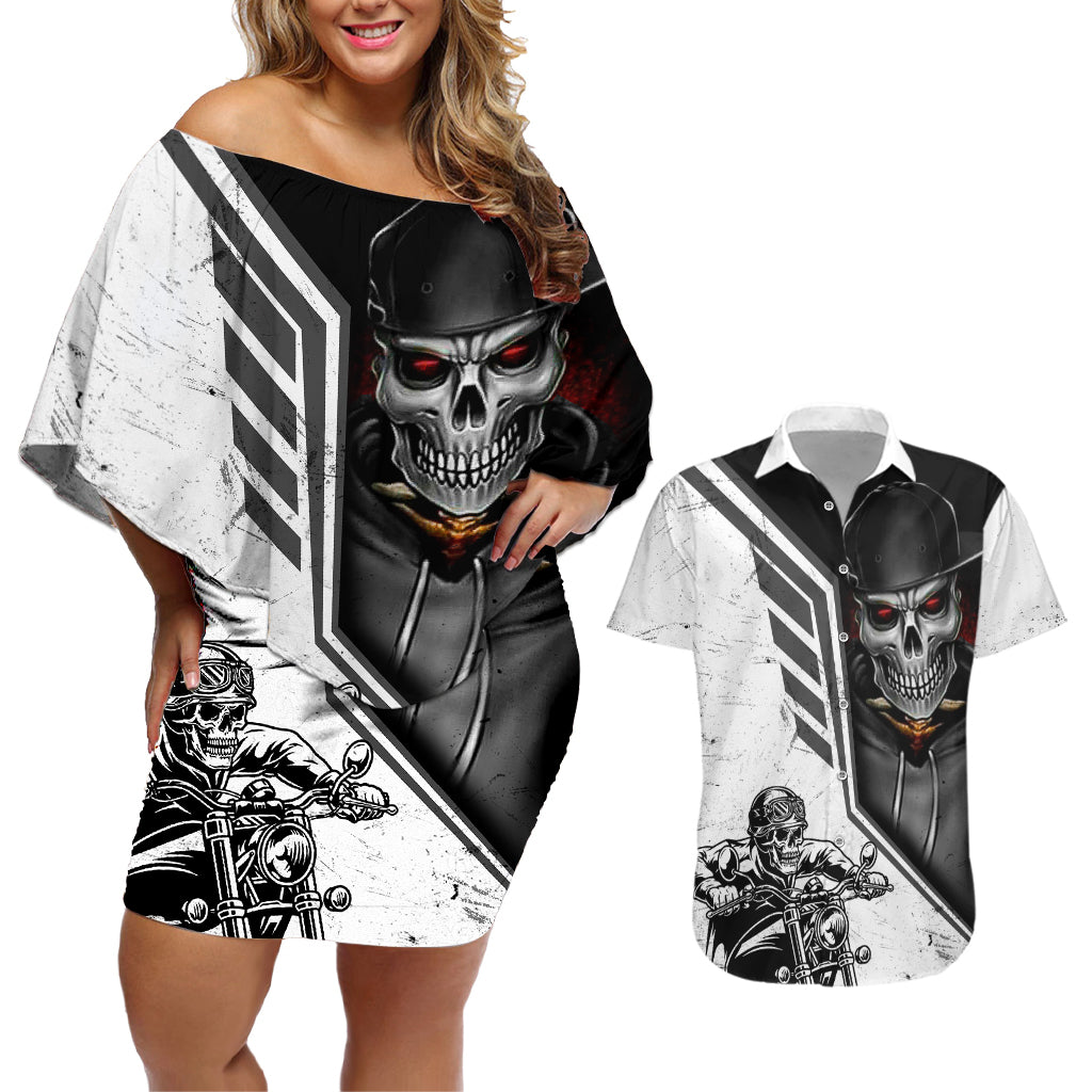 skull-couples-matching-off-shoulder-short-dress-and-hawaiian-shirt-riding-motocycle