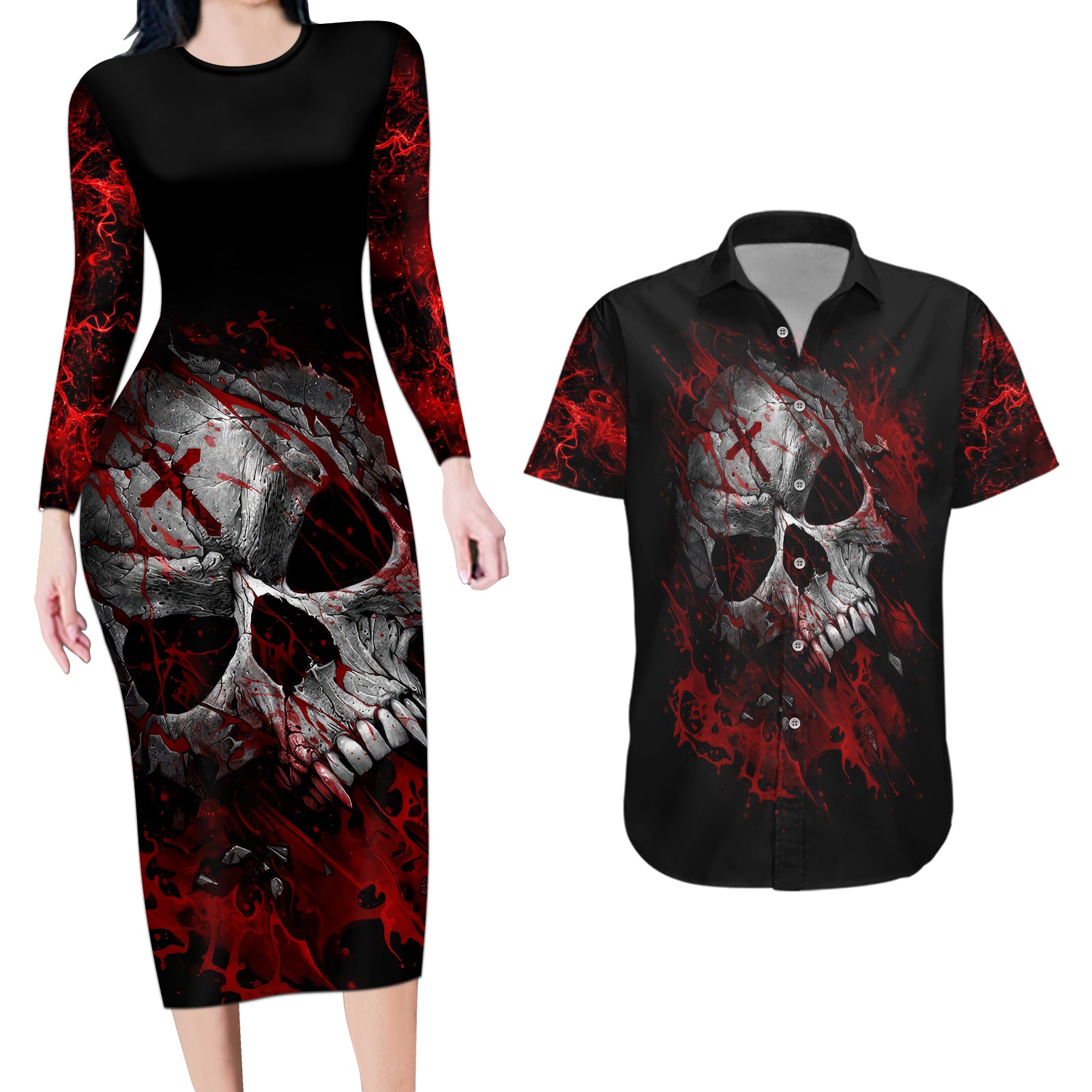 skull-couples-matching-long-sleeve-bodycon-dress-and-hawaiian-shirt-bloody-skull-scream