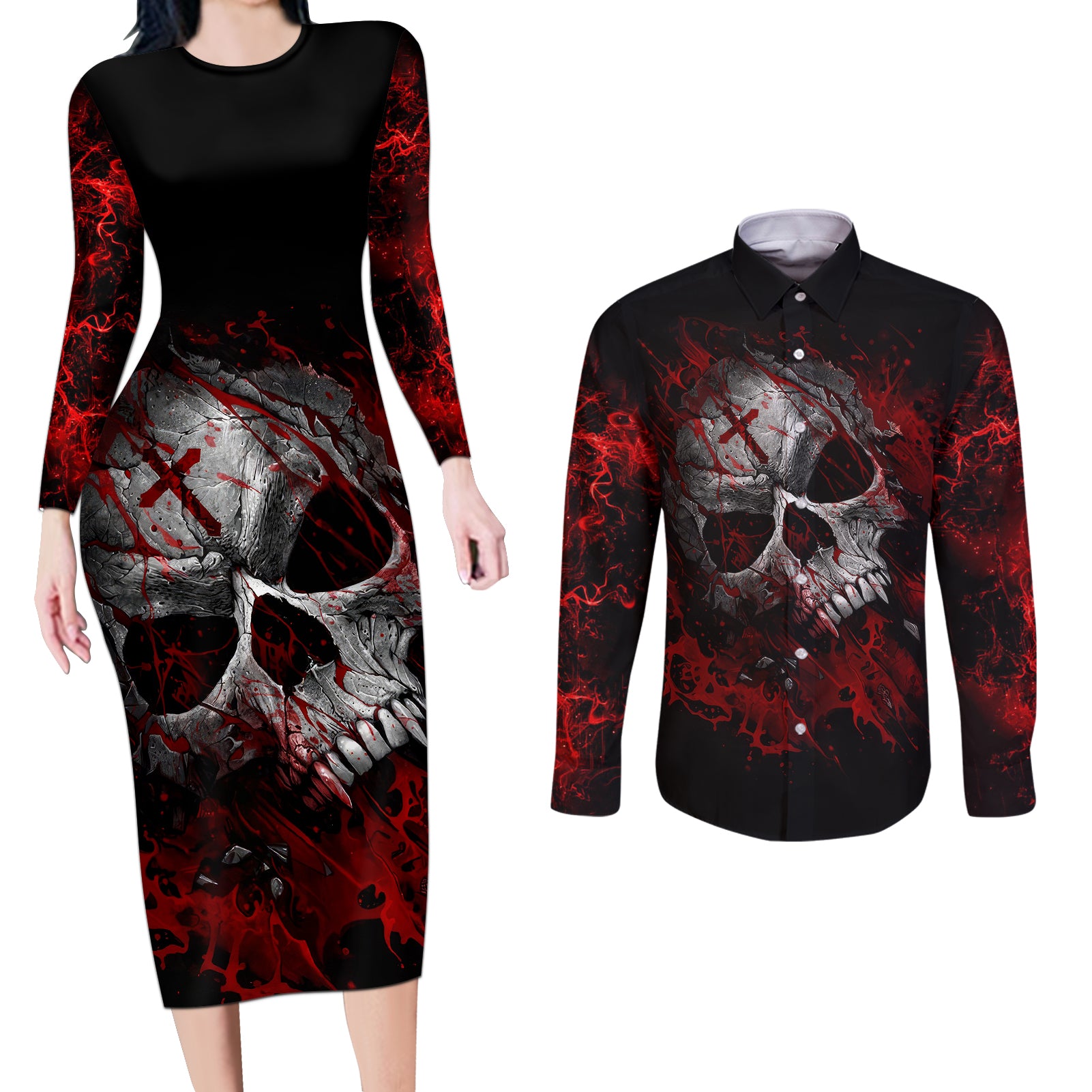 skull-couples-matching-long-sleeve-bodycon-dress-and-long-sleeve-button-shirts-bloody-skull-scream