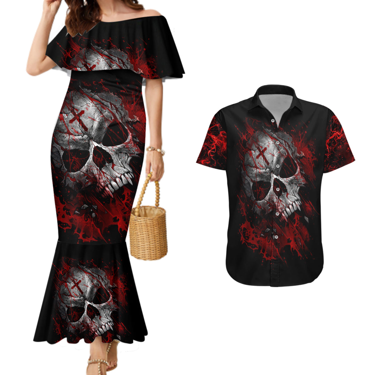 skull-couples-matching-mermaid-dress-and-hawaiian-shirt-bloody-skull-scream