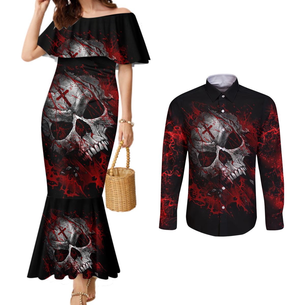 skull-couples-matching-mermaid-dress-and-long-sleeve-button-shirts-bloody-skull-scream