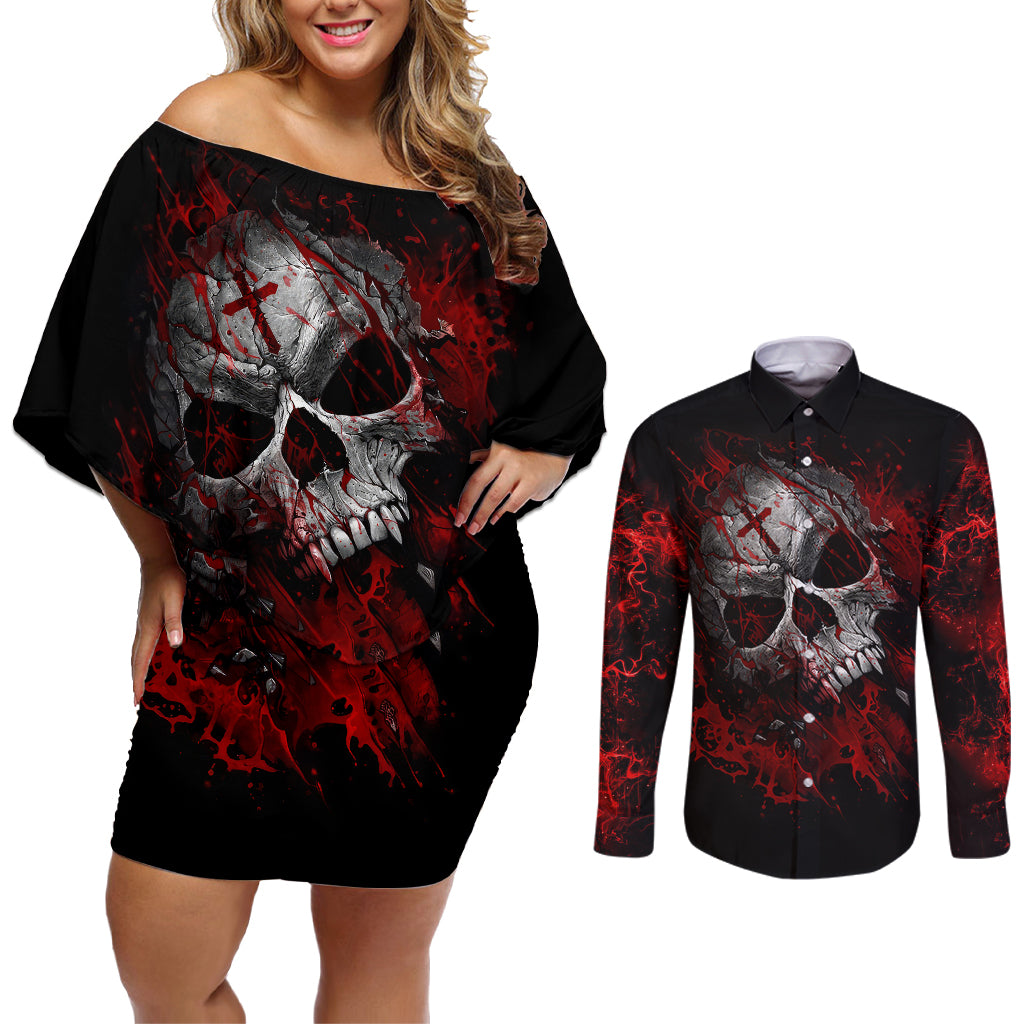 skull-couples-matching-off-shoulder-short-dress-and-long-sleeve-button-shirts-bloody-skull-scream