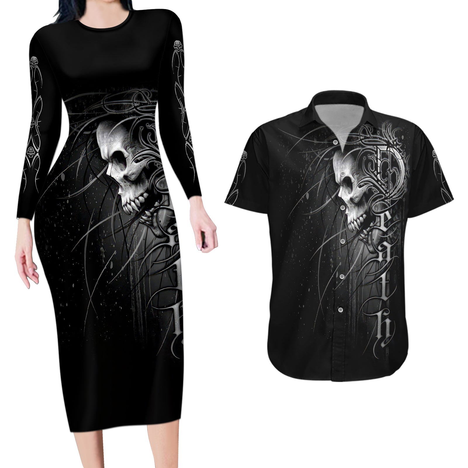 skull-couples-matching-long-sleeve-bodycon-dress-and-hawaiian-shirt-skull-death-forever