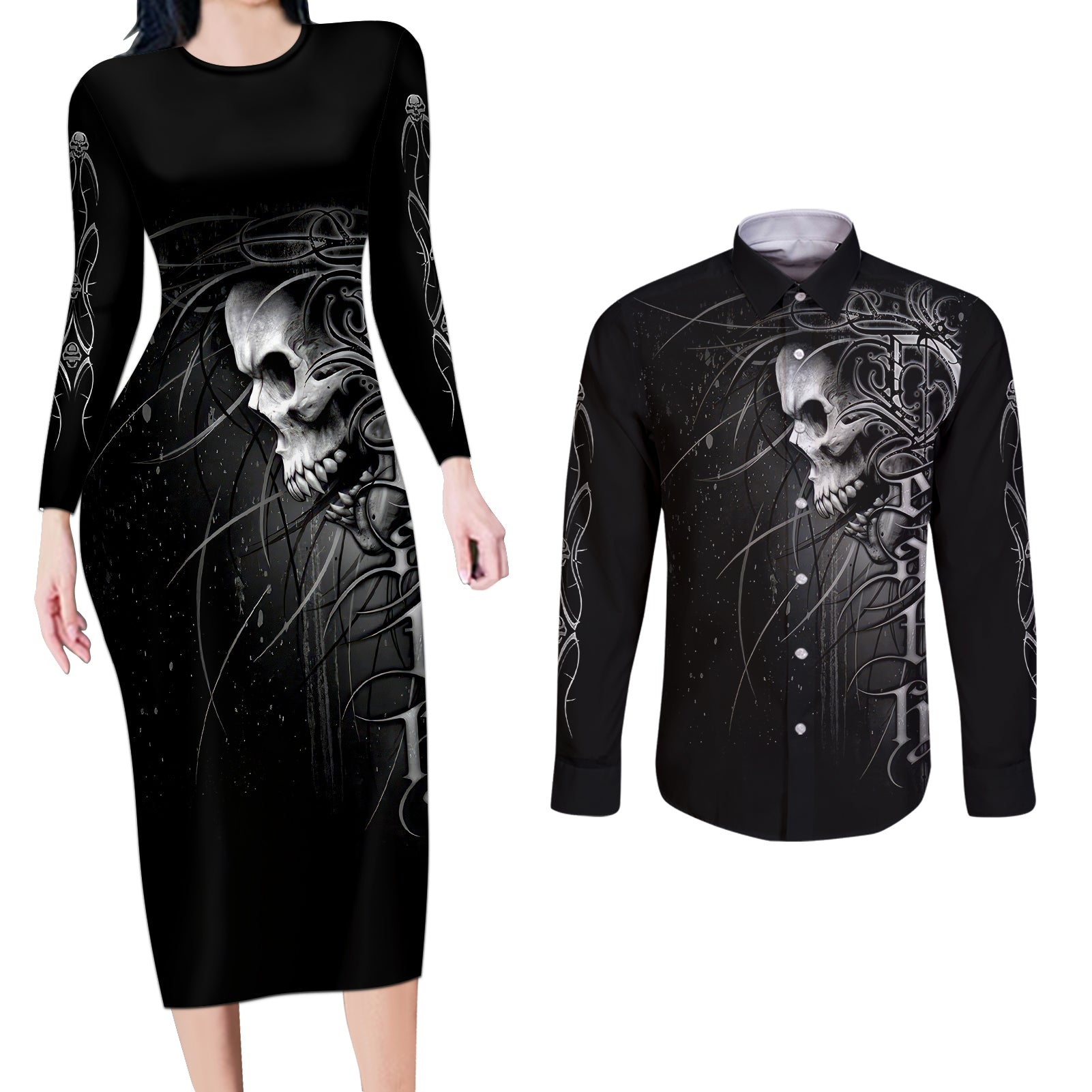 skull-couples-matching-long-sleeve-bodycon-dress-and-long-sleeve-button-shirts-skull-death-forever