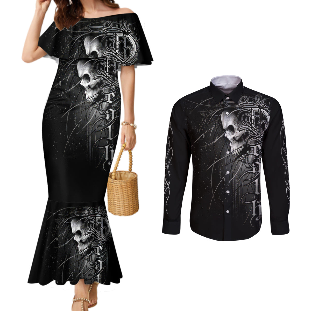 skull-couples-matching-mermaid-dress-and-long-sleeve-button-shirts-skull-death-forever