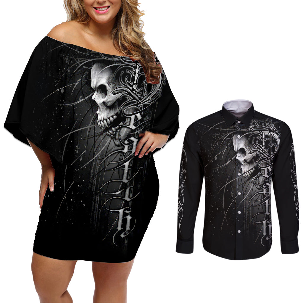 skull-couples-matching-off-shoulder-short-dress-and-long-sleeve-button-shirts-skull-death-forever