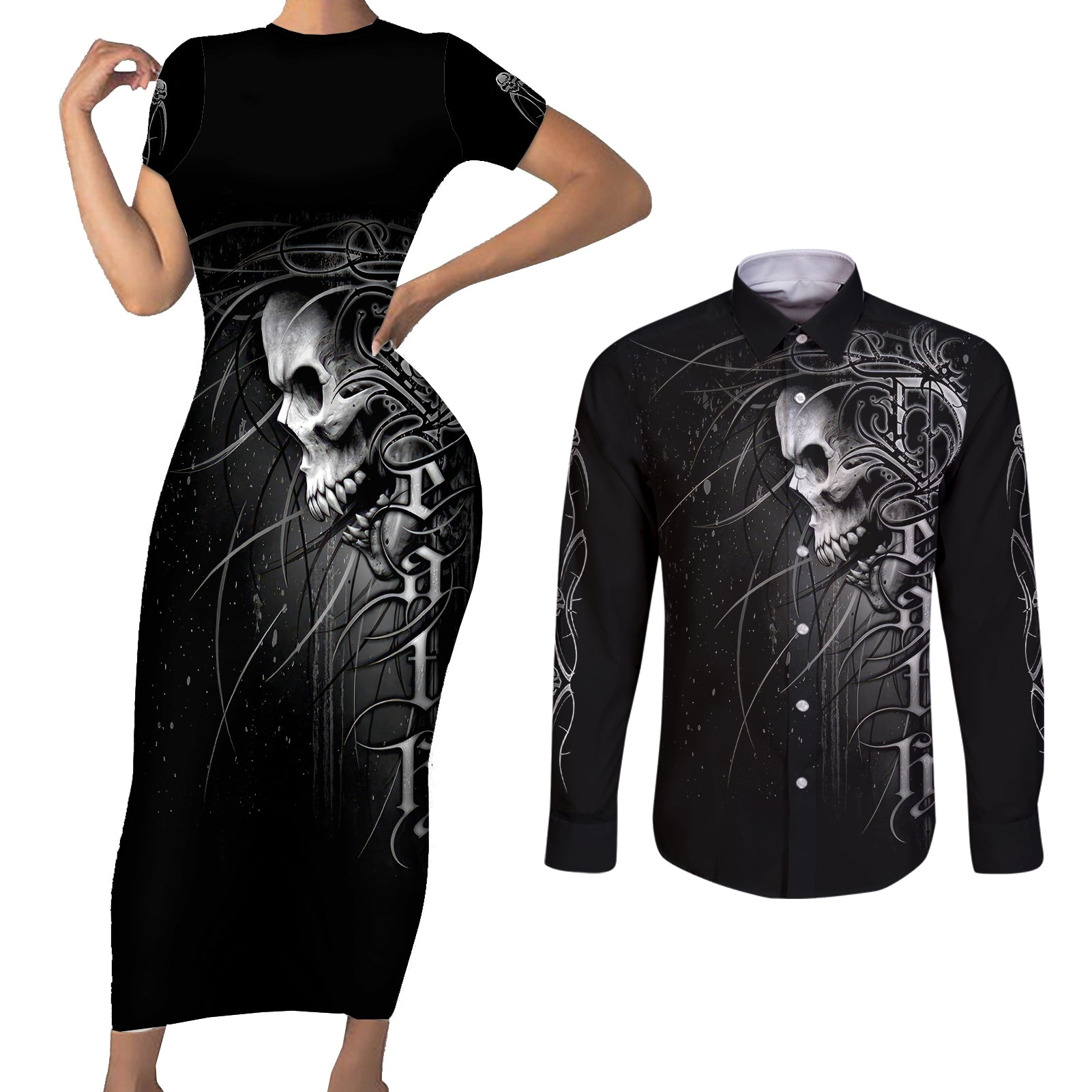 skull-couples-matching-short-sleeve-bodycon-dress-and-long-sleeve-button-shirts-skull-death-forever