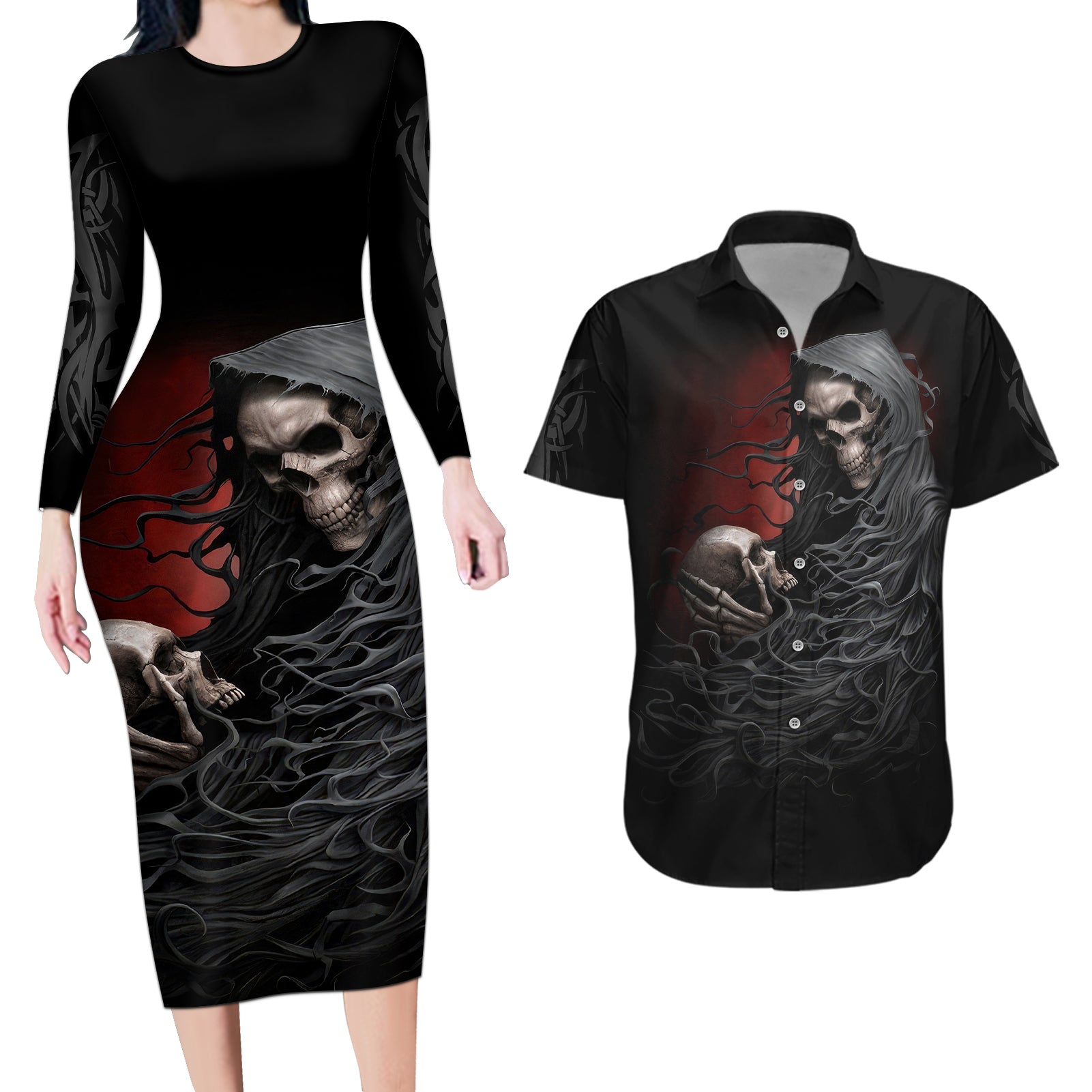 skull-couples-matching-long-sleeve-bodycon-dress-and-hawaiian-shirt-death-angel-hold-skull