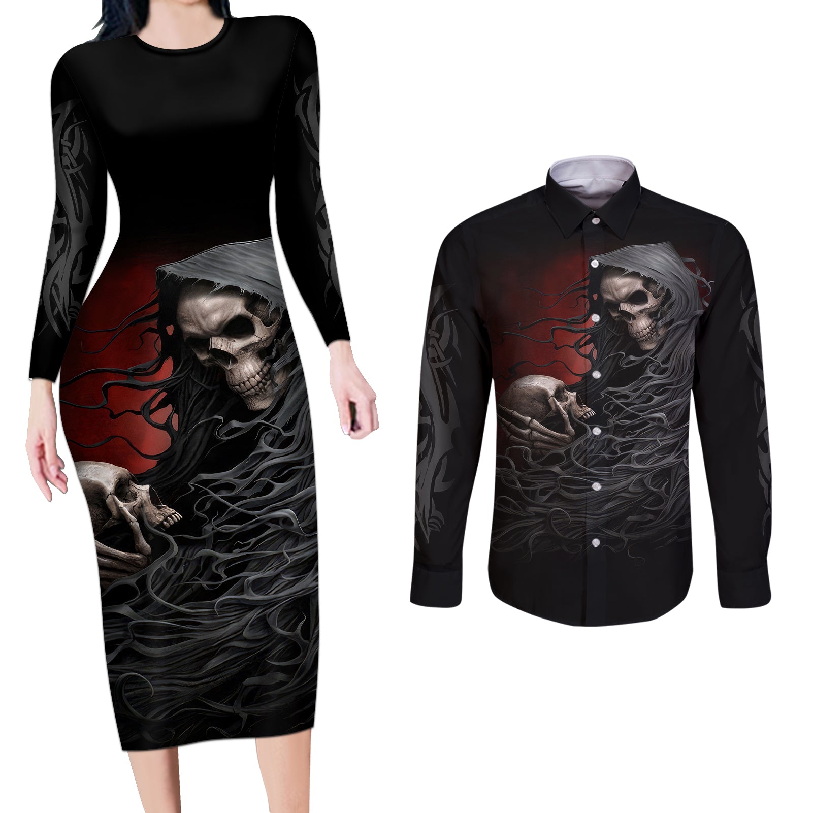 skull-couples-matching-long-sleeve-bodycon-dress-and-long-sleeve-button-shirts-death-angel-hold-skull