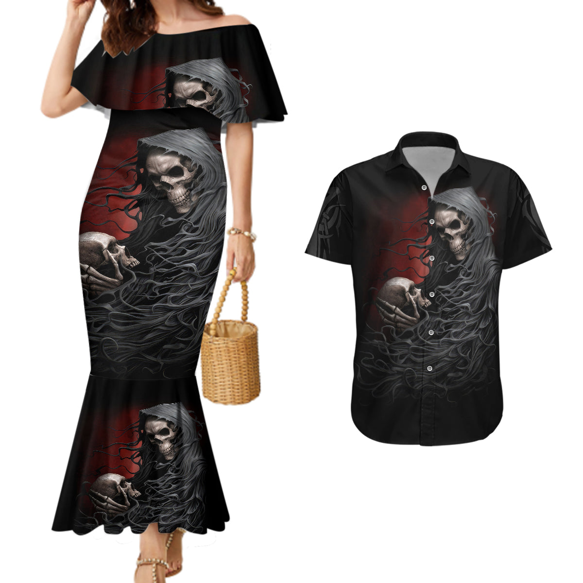 skull-couples-matching-mermaid-dress-and-hawaiian-shirt-death-angel-hold-skull