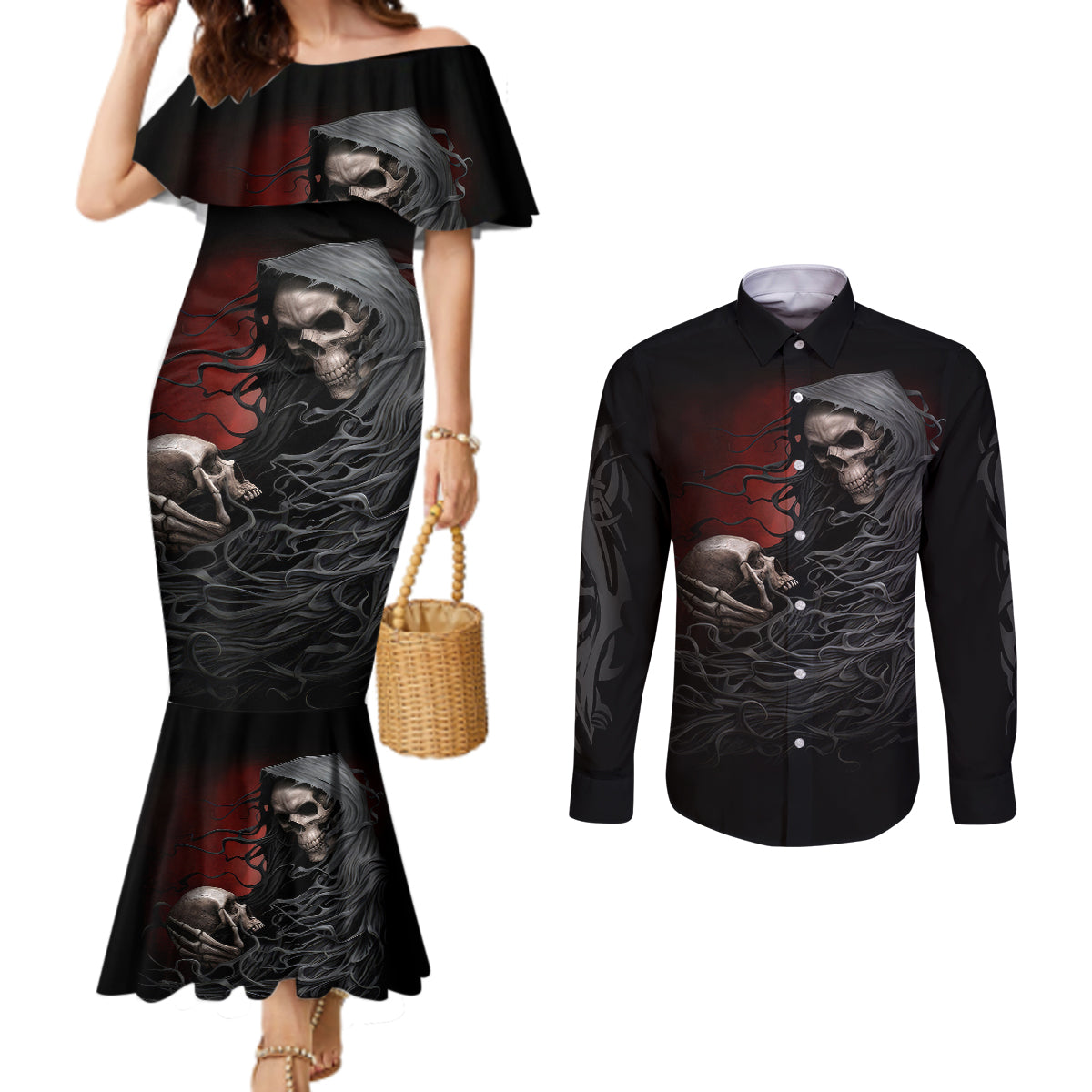 skull-couples-matching-mermaid-dress-and-long-sleeve-button-shirts-death-angel-hold-skull