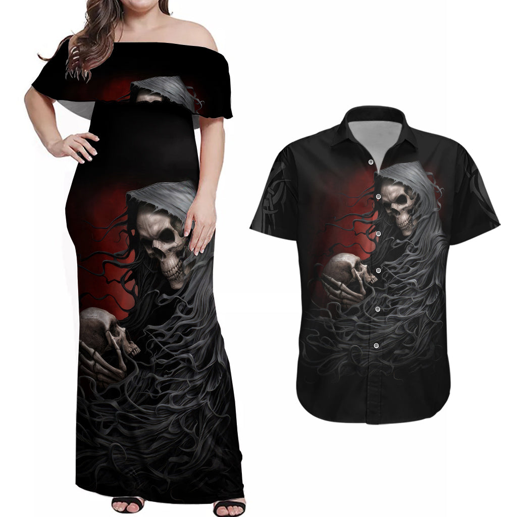 skull-couples-matching-off-shoulder-maxi-dress-and-hawaiian-shirt-death-angel-hold-skull