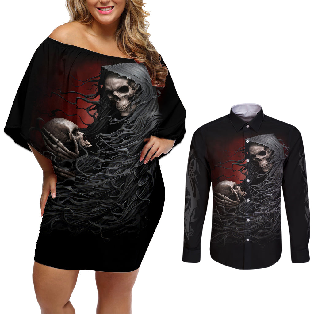 skull-couples-matching-off-shoulder-short-dress-and-long-sleeve-button-shirts-death-angel-hold-skull