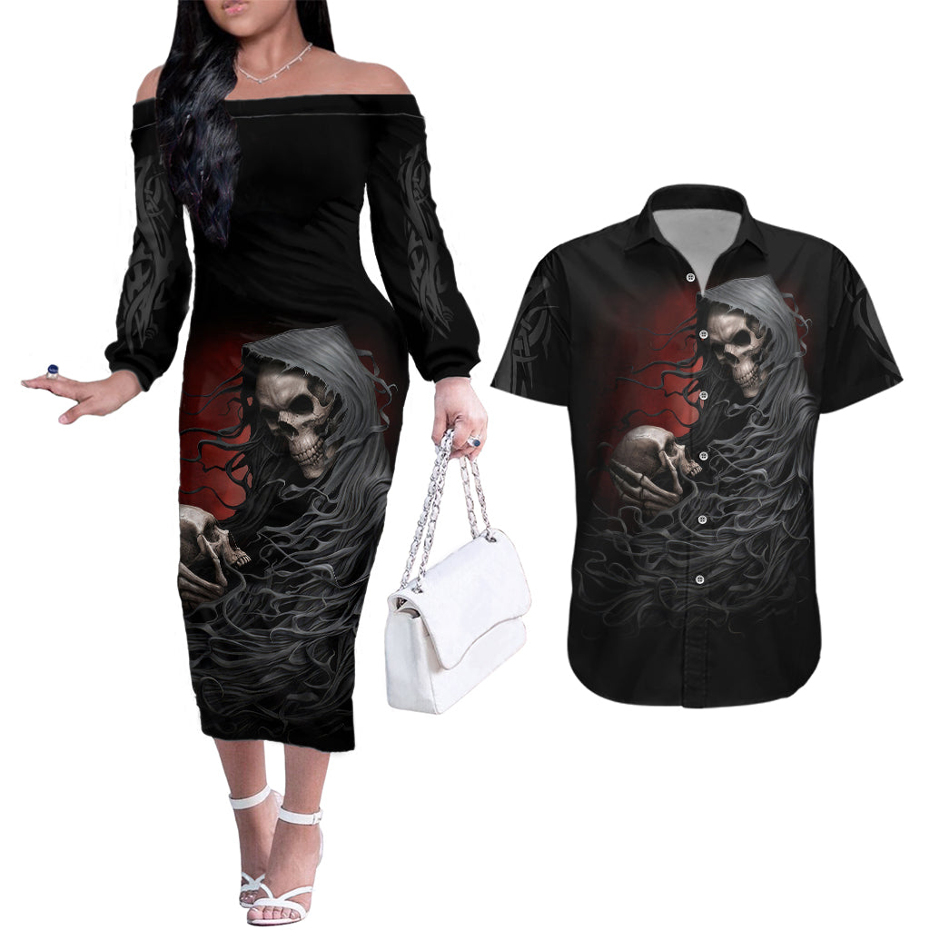 skull-couples-matching-off-the-shoulder-long-sleeve-dress-and-hawaiian-shirt-death-angel-hold-skull