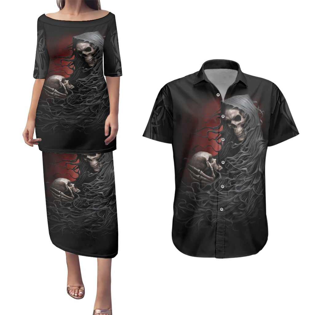 skull-couples-matching-puletasi-dress-and-hawaiian-shirt-death-angel-hold-skull