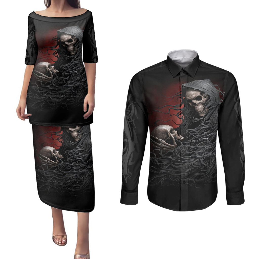 skull-couples-matching-puletasi-dress-and-long-sleeve-button-shirts-death-angel-hold-skull