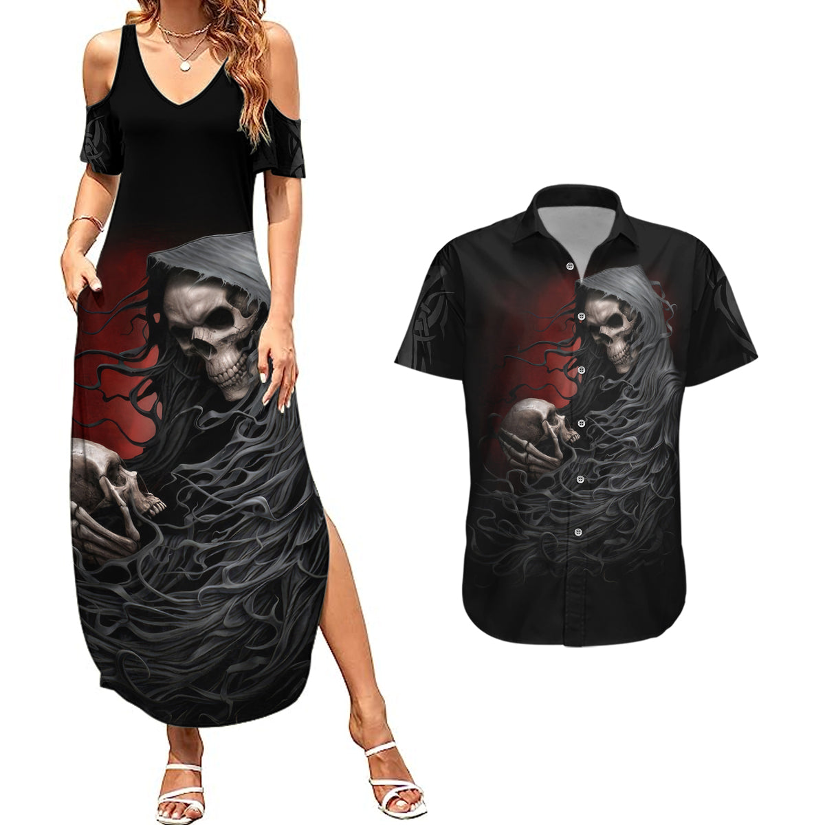 skull-couples-matching-summer-maxi-dress-and-hawaiian-shirt-death-angel-hold-skull