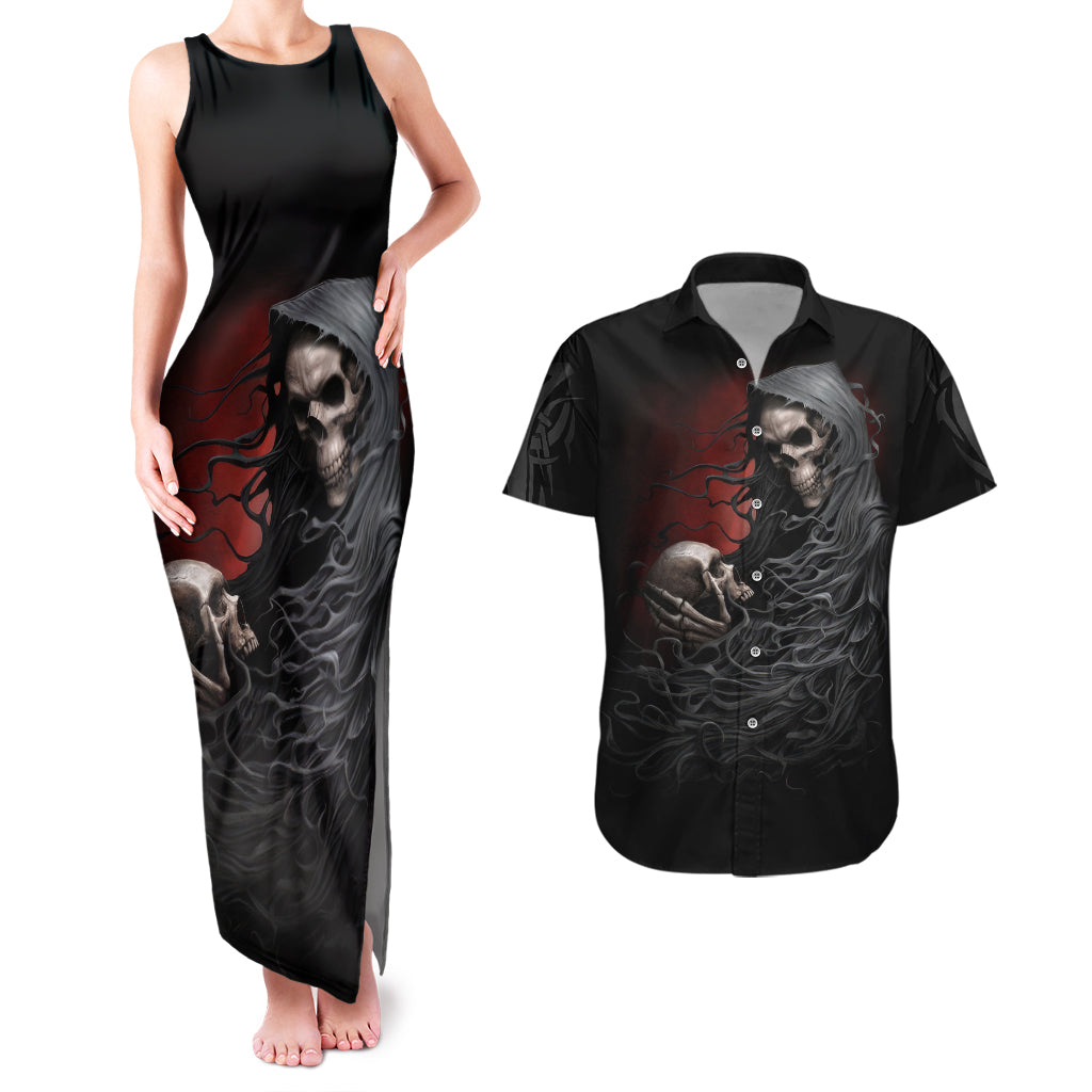 skull-couples-matching-tank-maxi-dress-and-hawaiian-shirt-death-angel-hold-skull