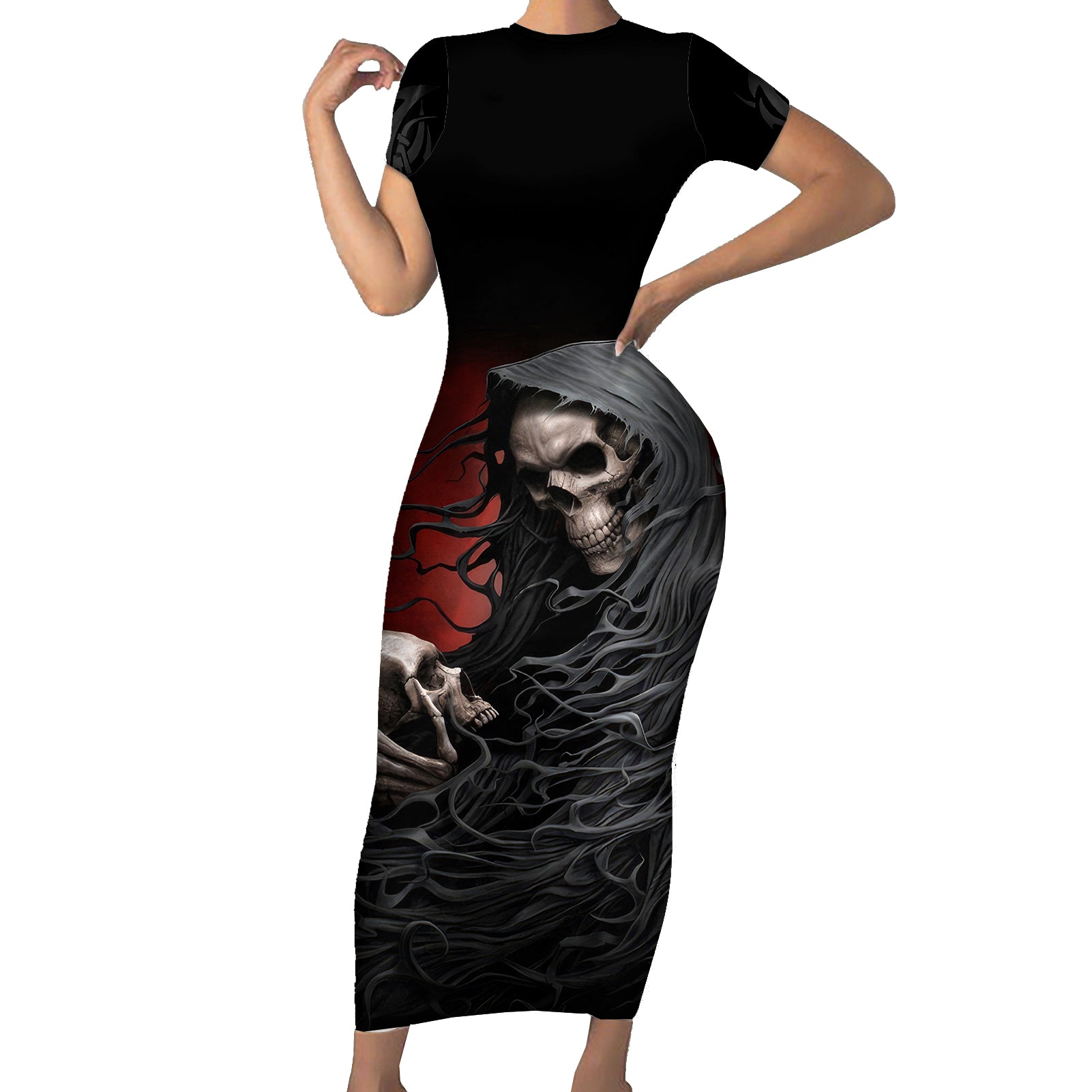 skull-short-sleeve-bodycon-dress-death-angel-hold-skull