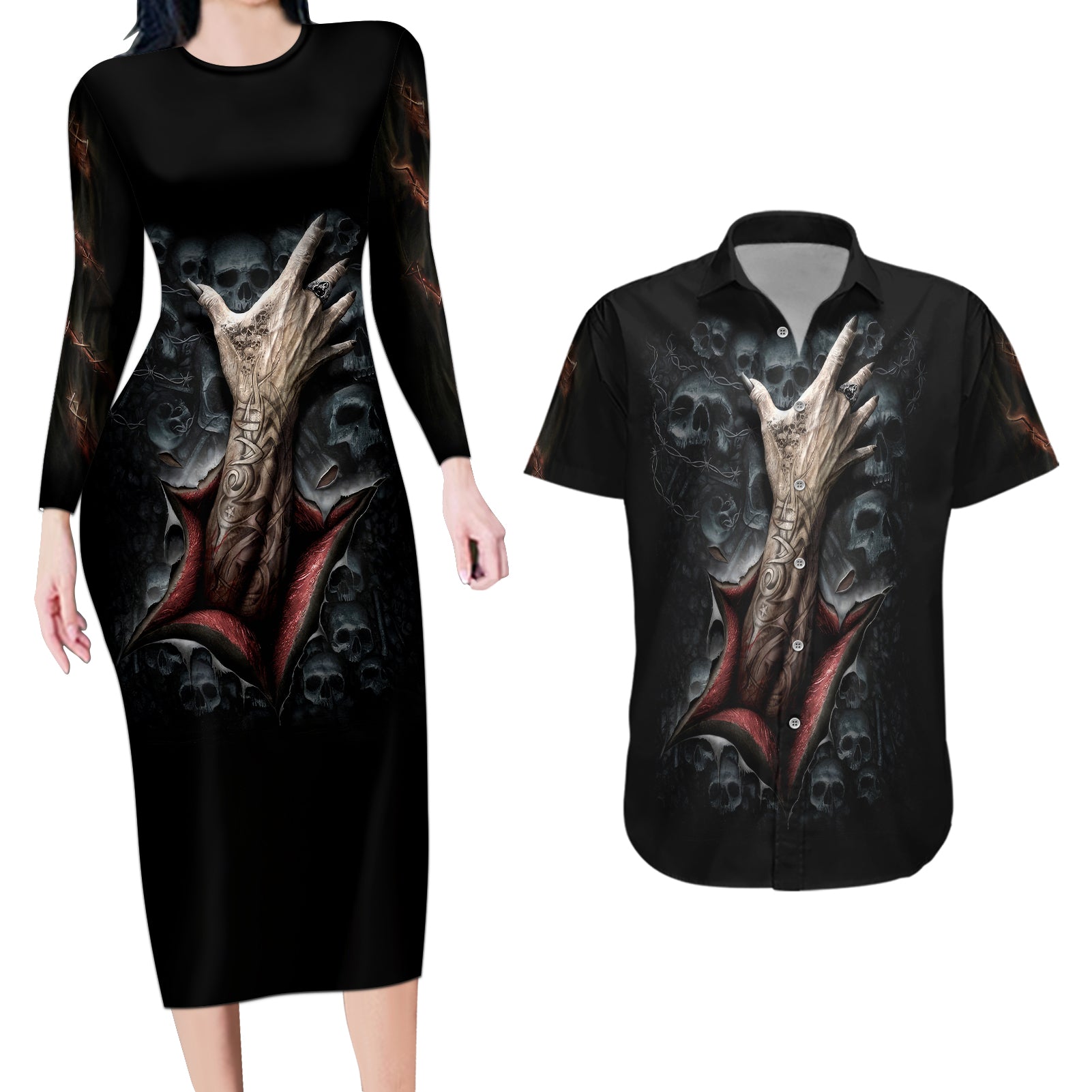 skull-couples-matching-long-sleeve-bodycon-dress-and-hawaiian-shirt-skeleton-ripped-inside