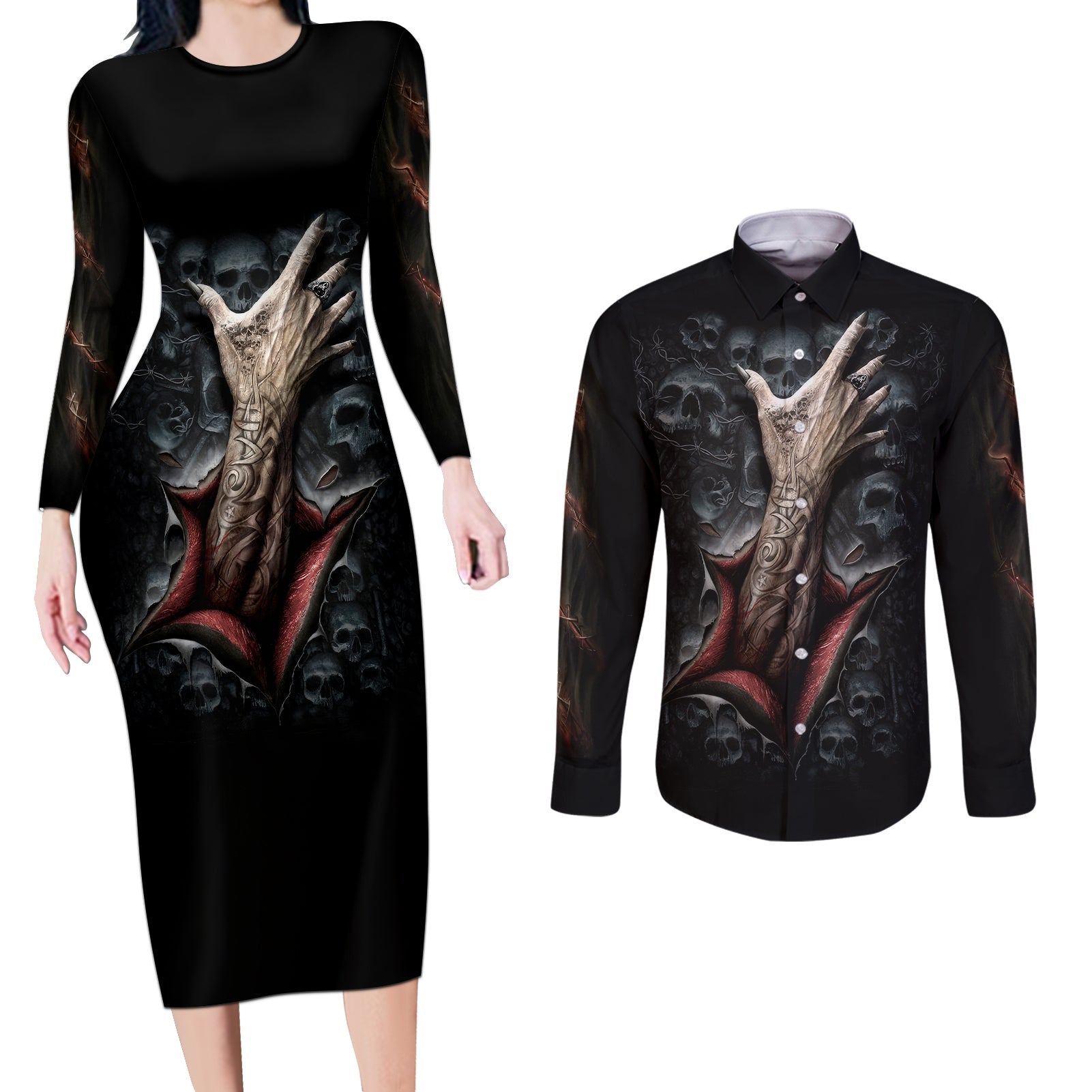 skull-couples-matching-long-sleeve-bodycon-dress-and-long-sleeve-button-shirts-skeleton-ripped-inside