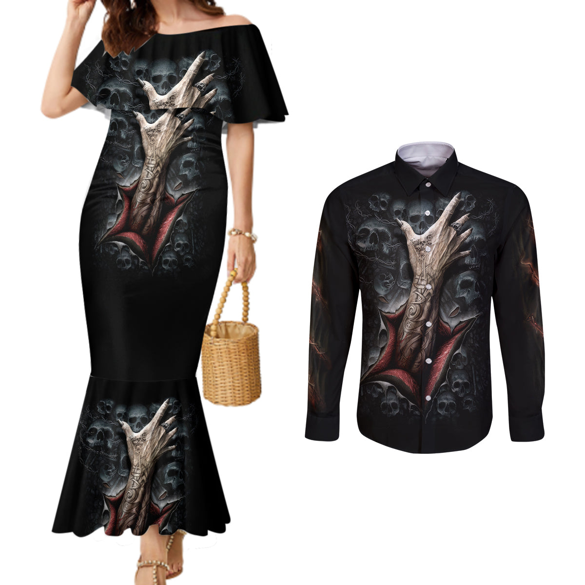 skull-couples-matching-mermaid-dress-and-long-sleeve-button-shirts-skeleton-ripped-inside