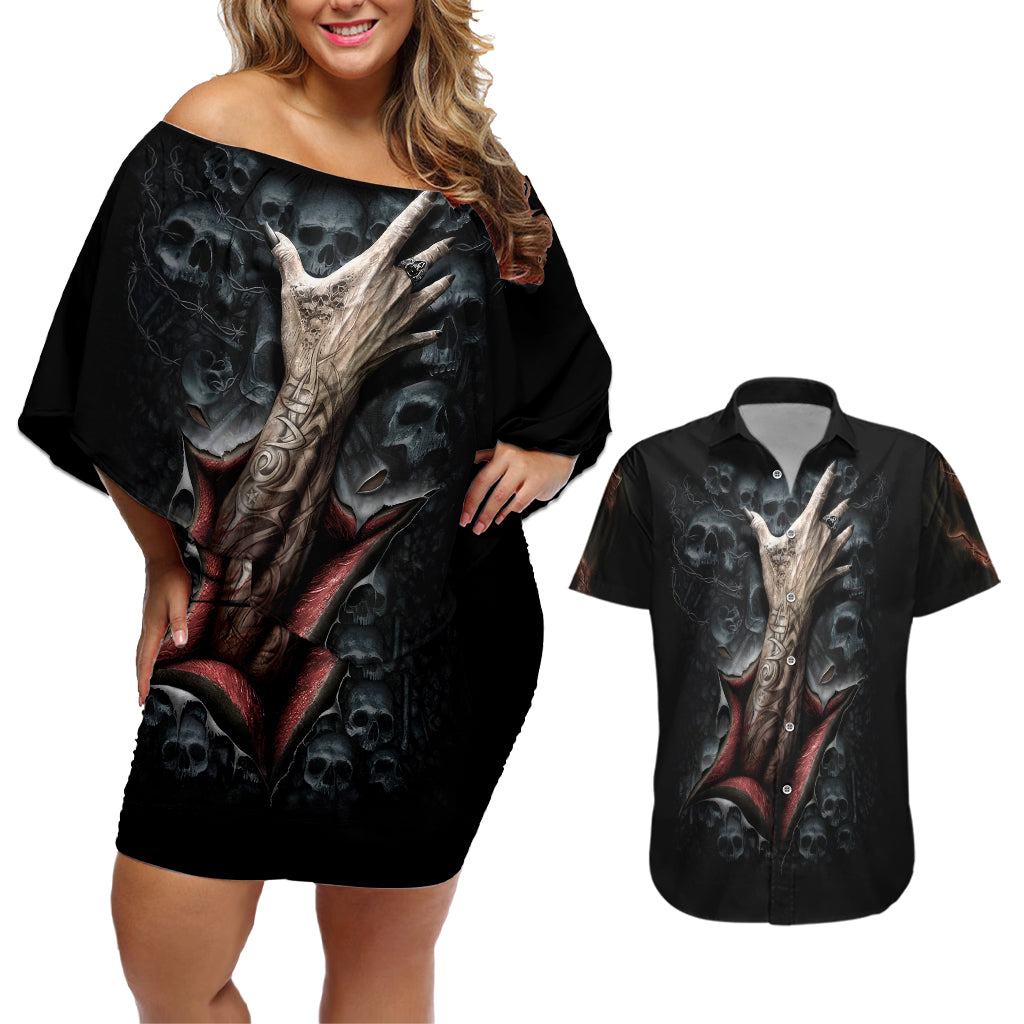 skull-couples-matching-off-shoulder-short-dress-and-hawaiian-shirt-skeleton-ripped-inside