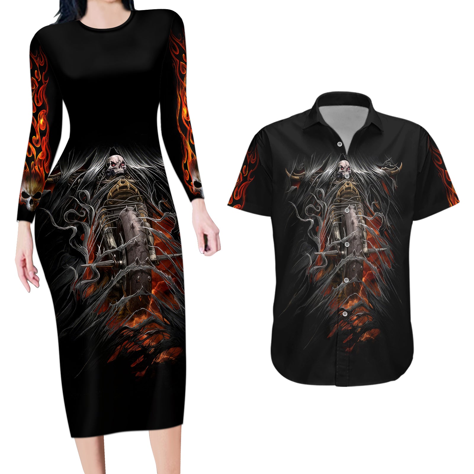 flaming-skull-couples-matching-long-sleeve-bodycon-dress-and-hawaiian-shirt-death-angel-riding-motocycle