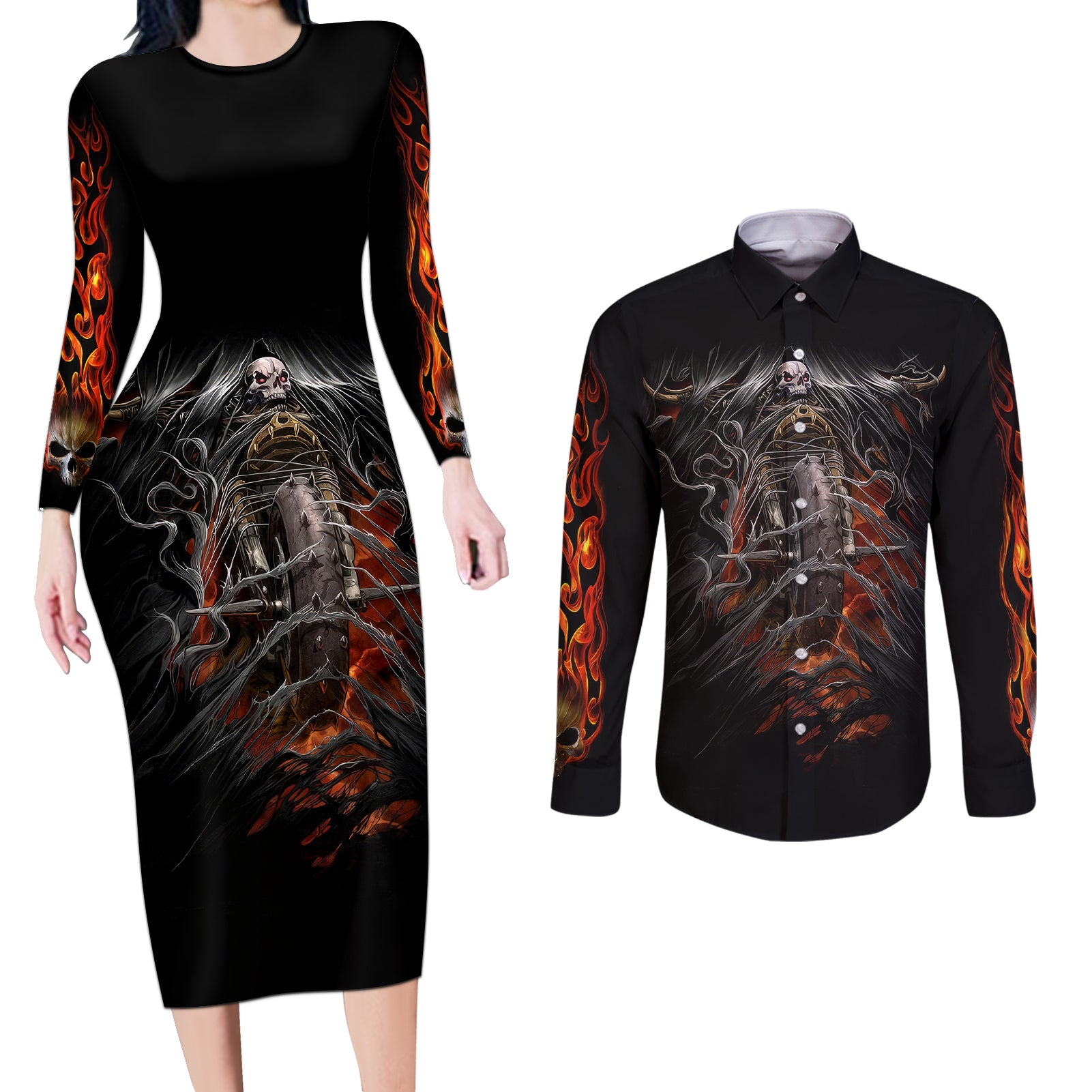 flaming-skull-couples-matching-long-sleeve-bodycon-dress-and-long-sleeve-button-shirts-death-angel-riding-motocycle