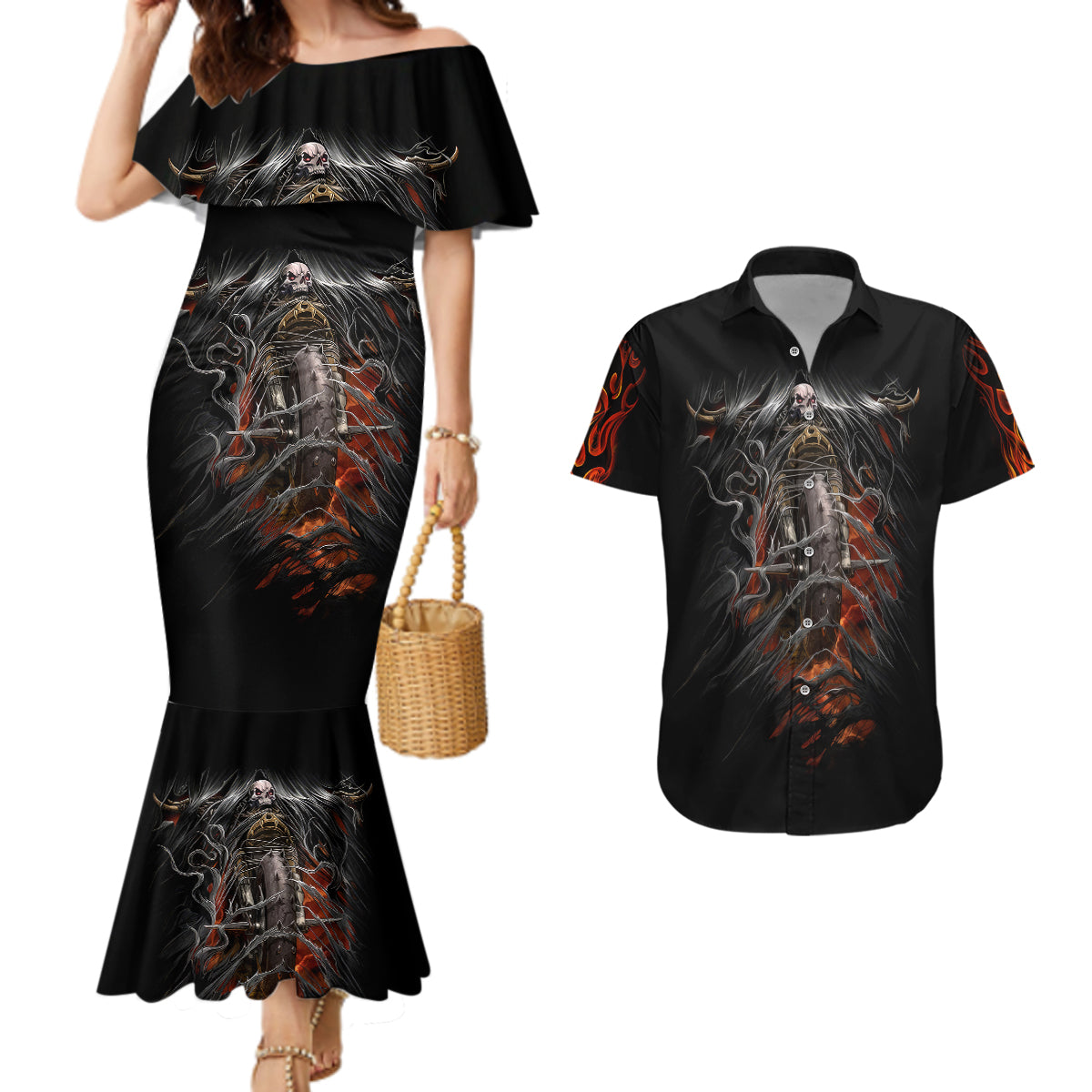 flaming-skull-couples-matching-mermaid-dress-and-hawaiian-shirt-death-angel-riding-motocycle