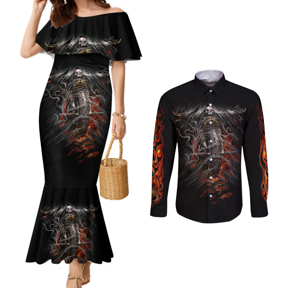 flaming-skull-couples-matching-mermaid-dress-and-long-sleeve-button-shirts-death-angel-riding-motocycle