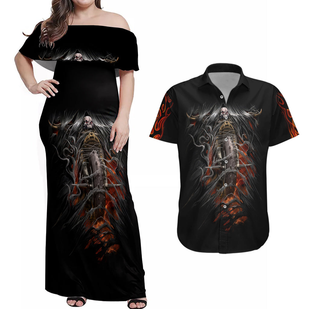 flaming-skull-couples-matching-off-shoulder-maxi-dress-and-hawaiian-shirt-death-angel-riding-motocycle