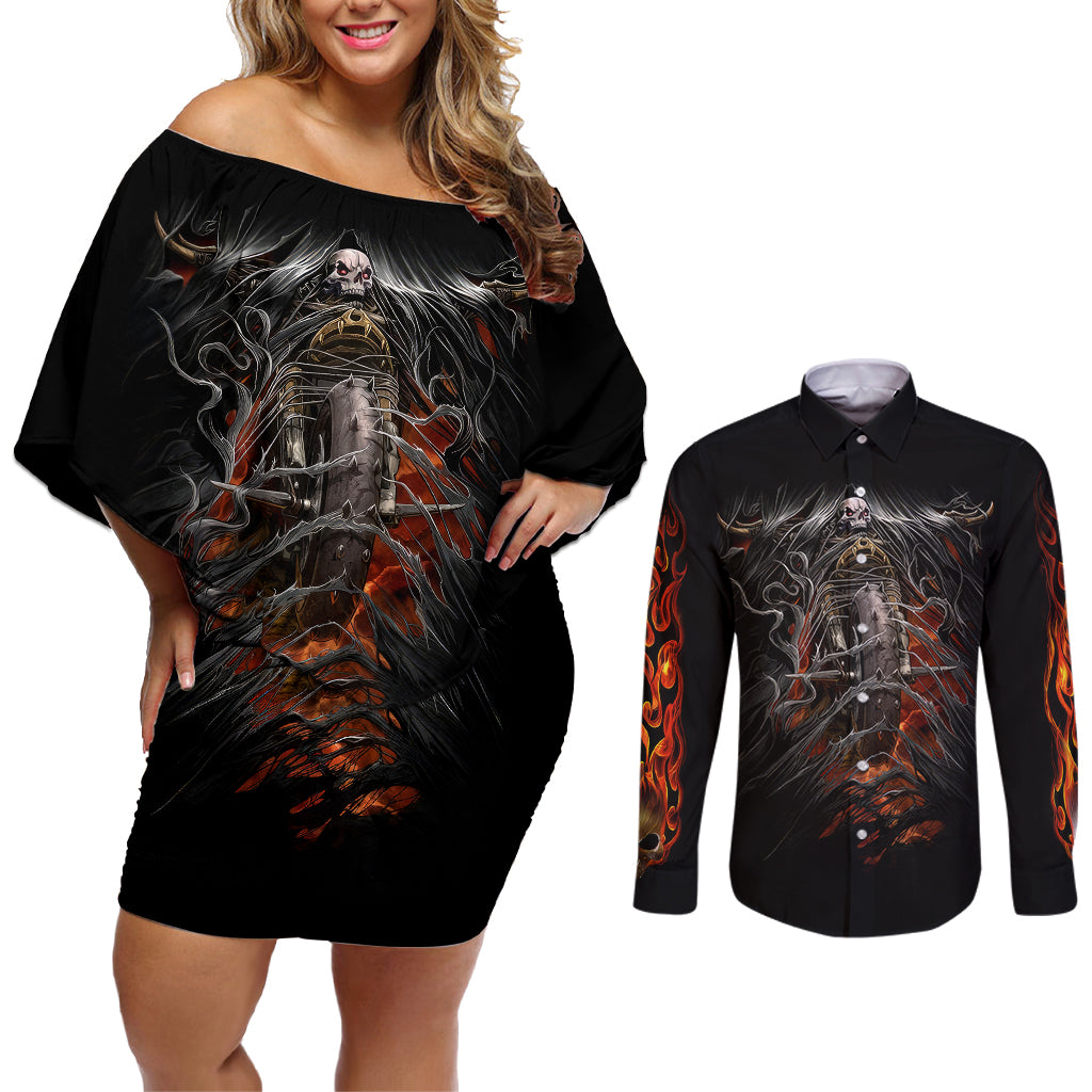 flaming-skull-couples-matching-off-shoulder-short-dress-and-long-sleeve-button-shirts-death-angel-riding-motocycle