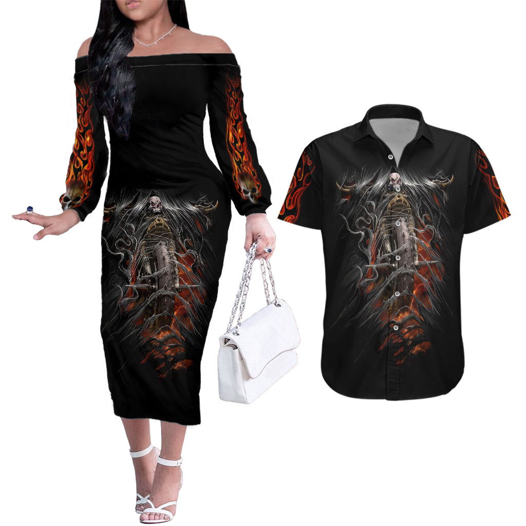 flaming-skull-couples-matching-off-the-shoulder-long-sleeve-dress-and-hawaiian-shirt-death-angel-riding-motocycle