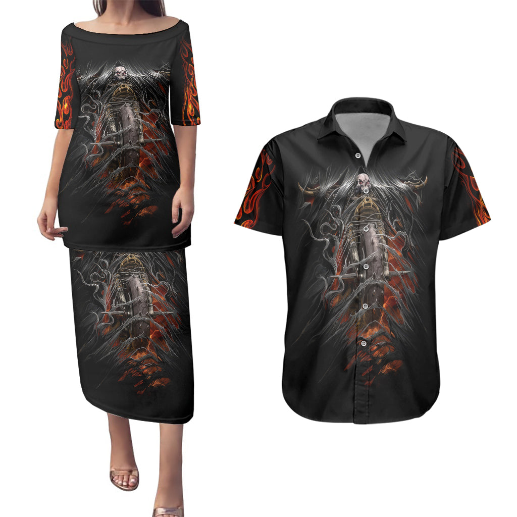 flaming-skull-couples-matching-puletasi-dress-and-hawaiian-shirt-death-angel-riding-motocycle