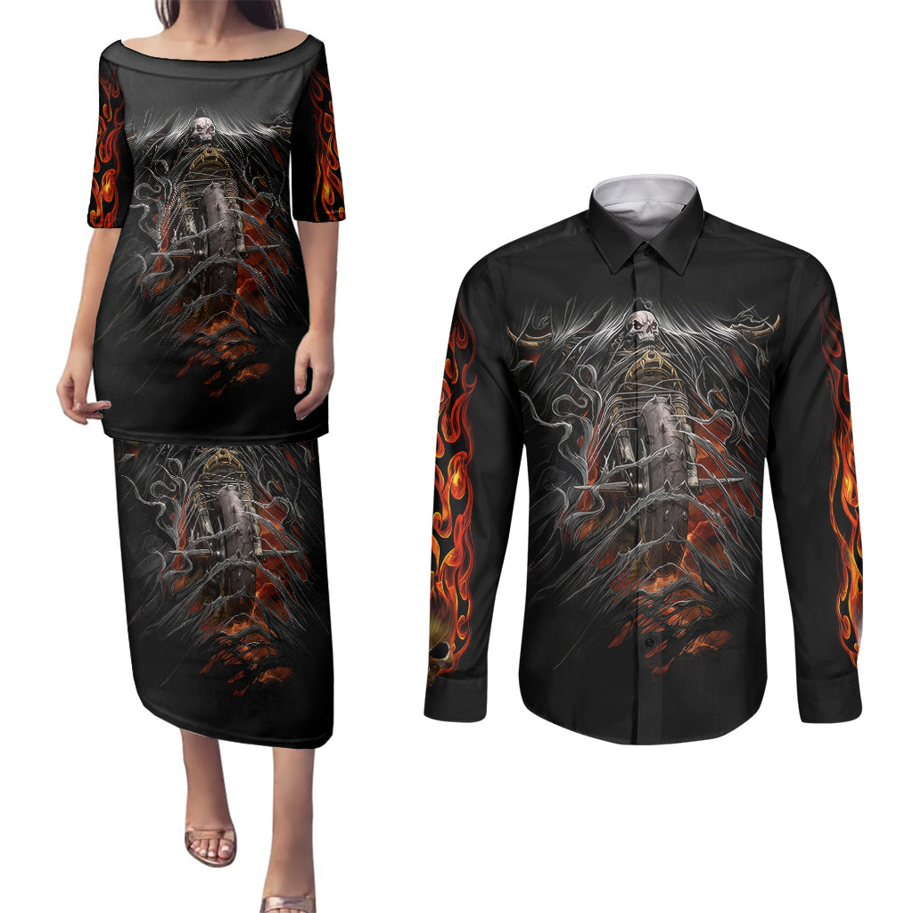 flaming-skull-couples-matching-puletasi-dress-and-long-sleeve-button-shirts-death-angel-riding-motocycle