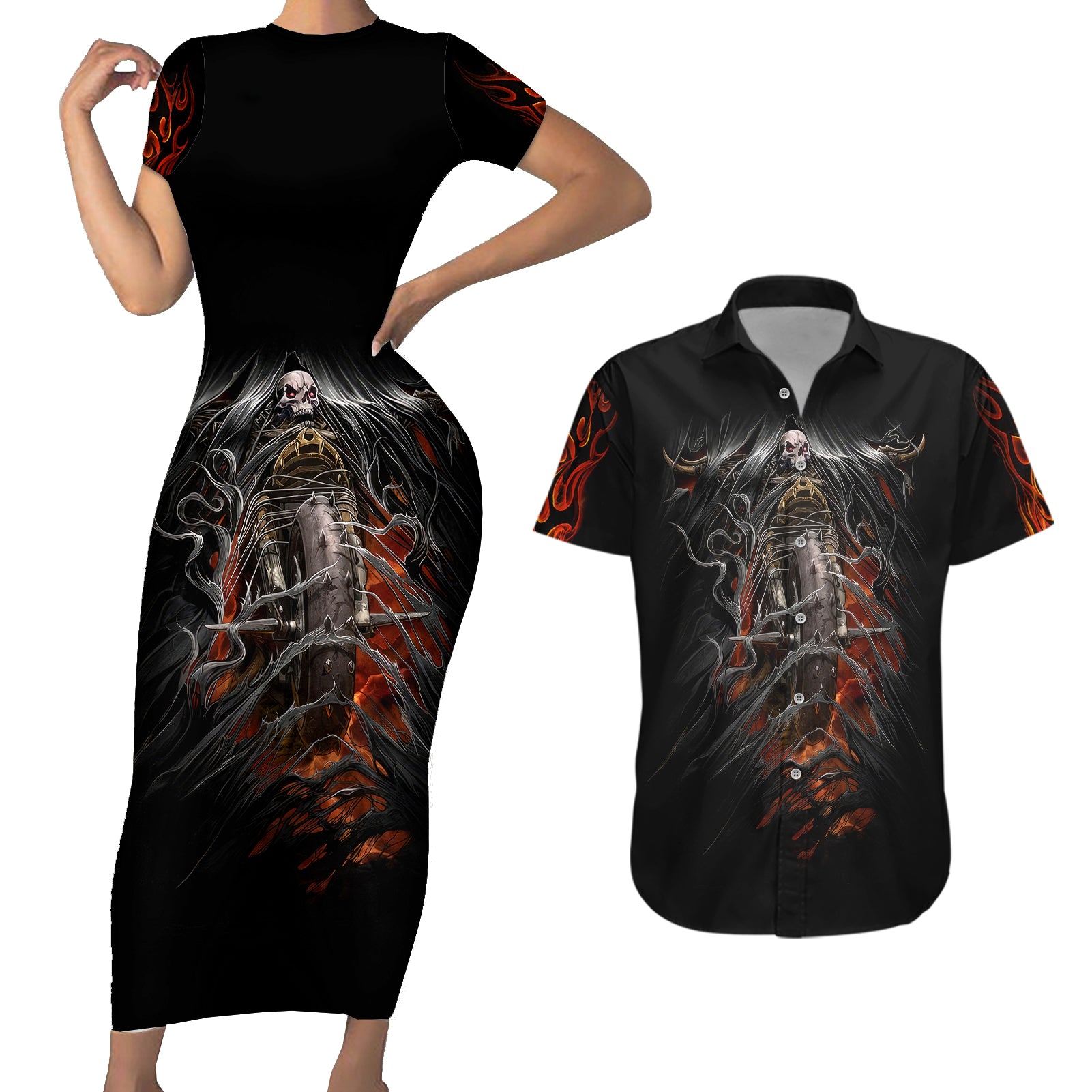 flaming-skull-couples-matching-short-sleeve-bodycon-dress-and-hawaiian-shirt-death-angel-riding-motocycle