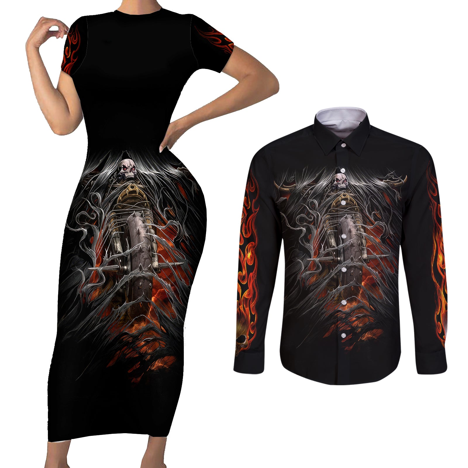 flaming-skull-couples-matching-short-sleeve-bodycon-dress-and-long-sleeve-button-shirts-death-angel-riding-motocycle