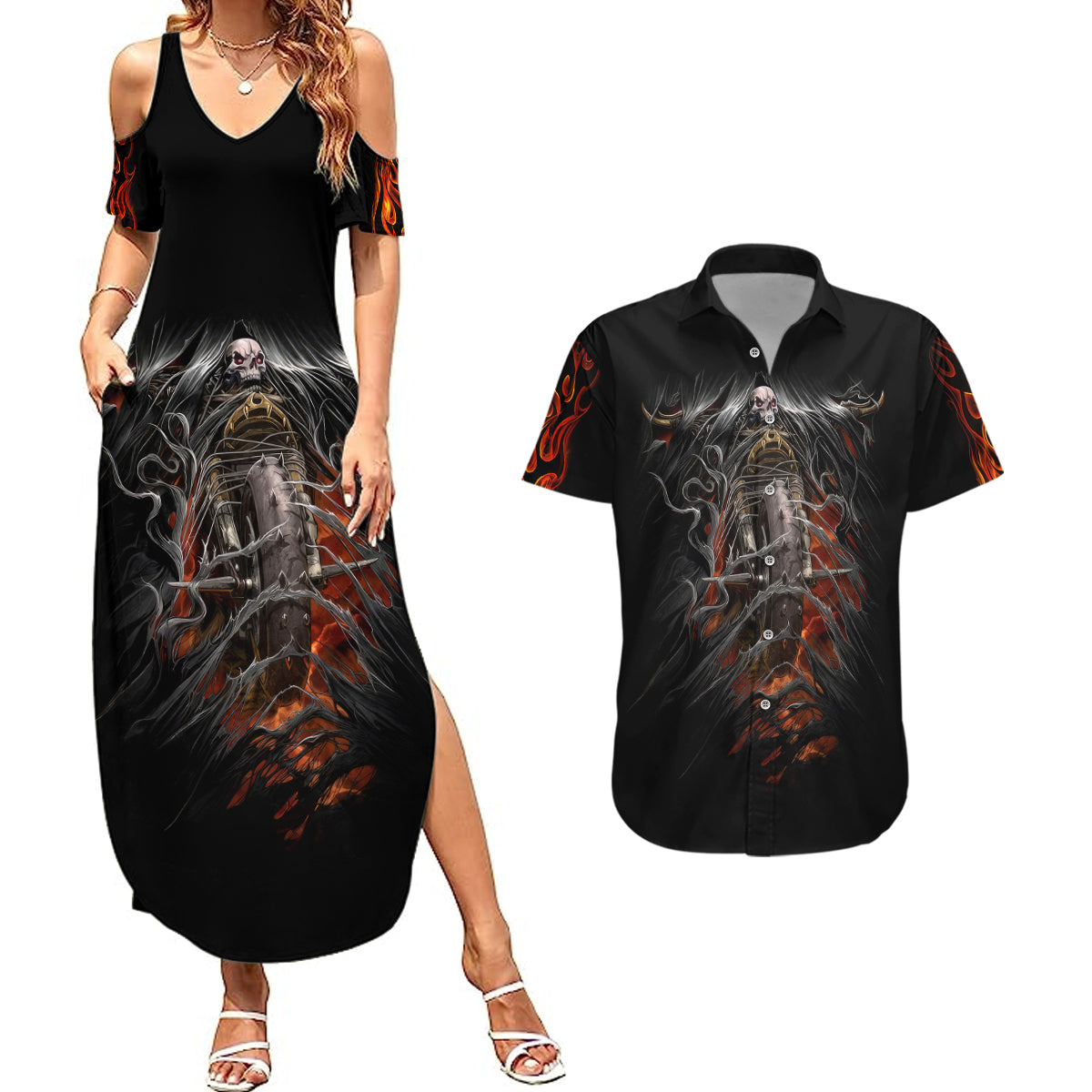 flaming-skull-couples-matching-summer-maxi-dress-and-hawaiian-shirt-death-angel-riding-motocycle