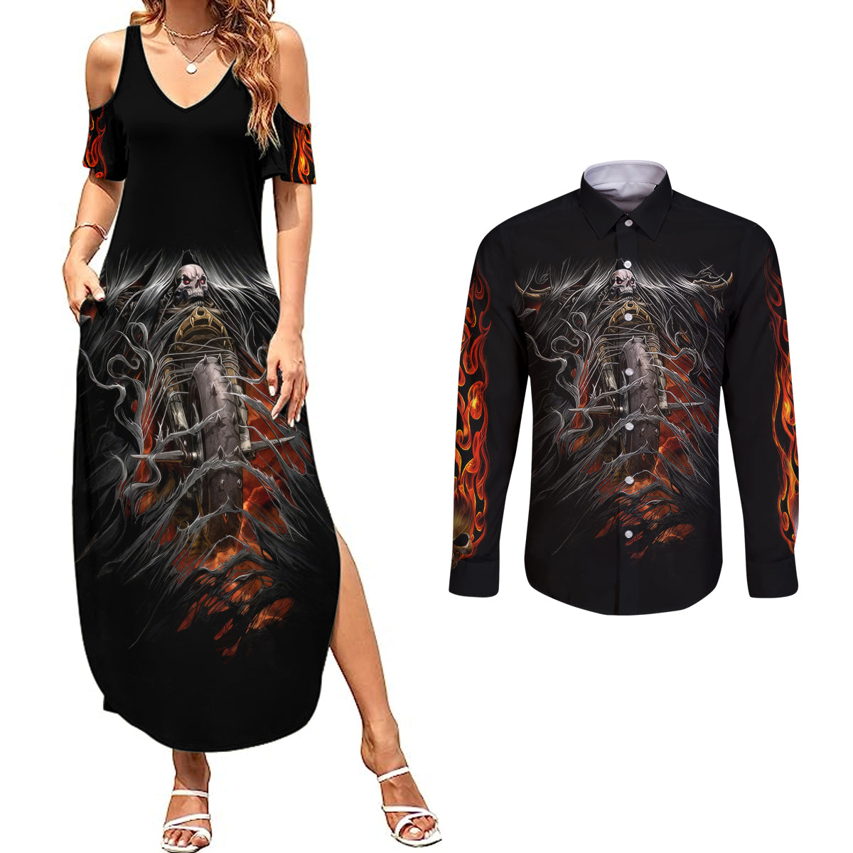 flaming-skull-couples-matching-summer-maxi-dress-and-long-sleeve-button-shirts-death-angel-riding-motocycle