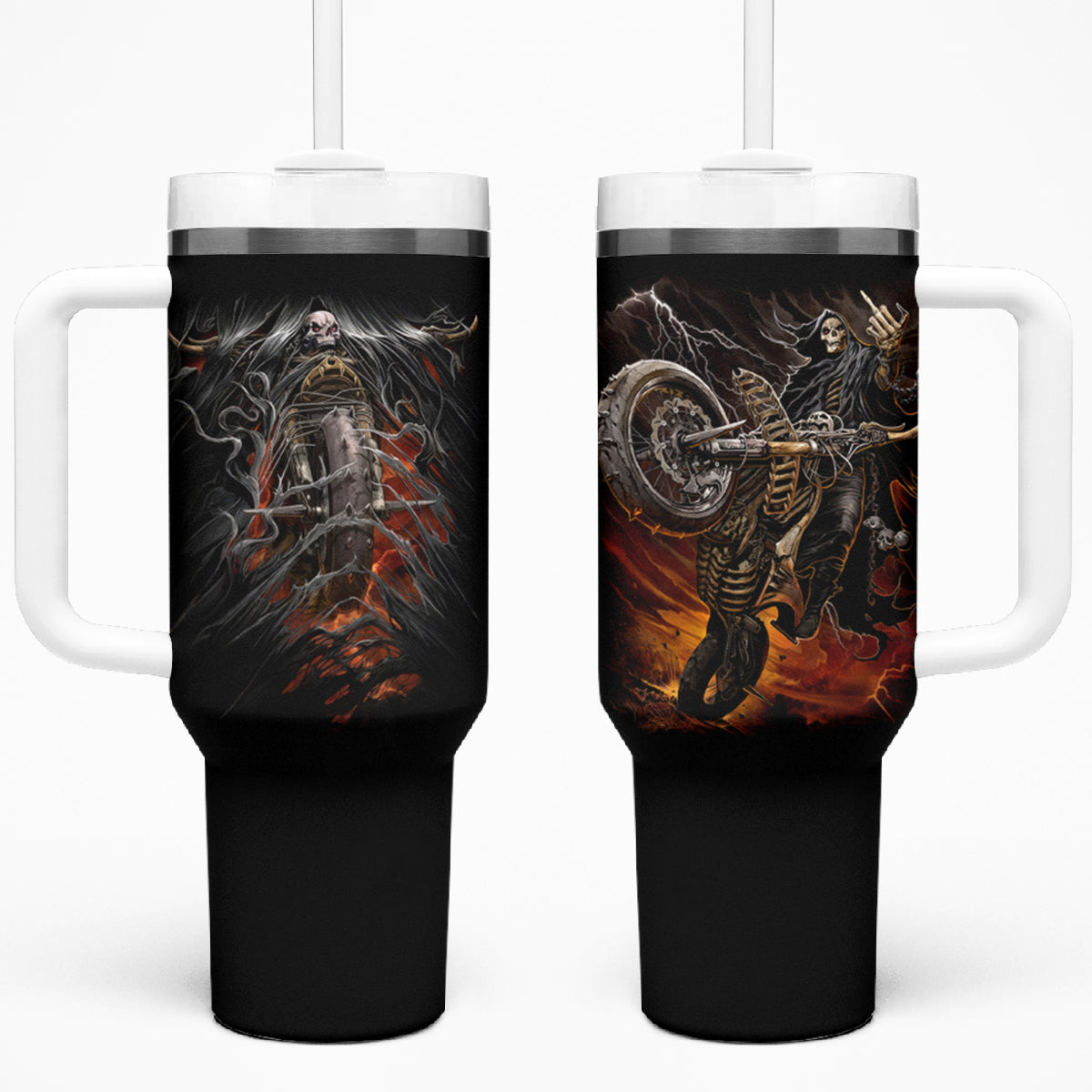 Flaming Skull Tumbler With Handle Death Angel Riding Motocycle