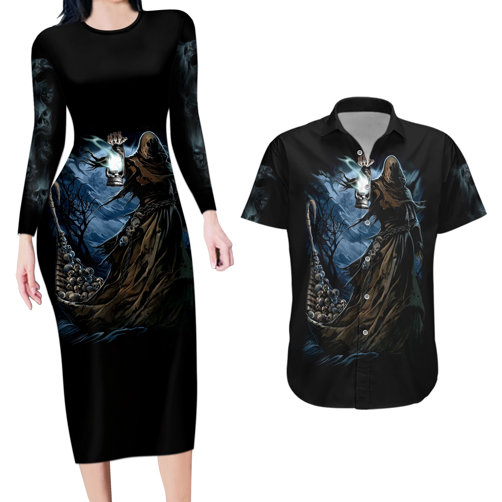 grim-reaper-couples-matching-long-sleeve-bodycon-dress-and-hawaiian-shirt-the-ferryman-of-the-underworld-with-charon-skull-black