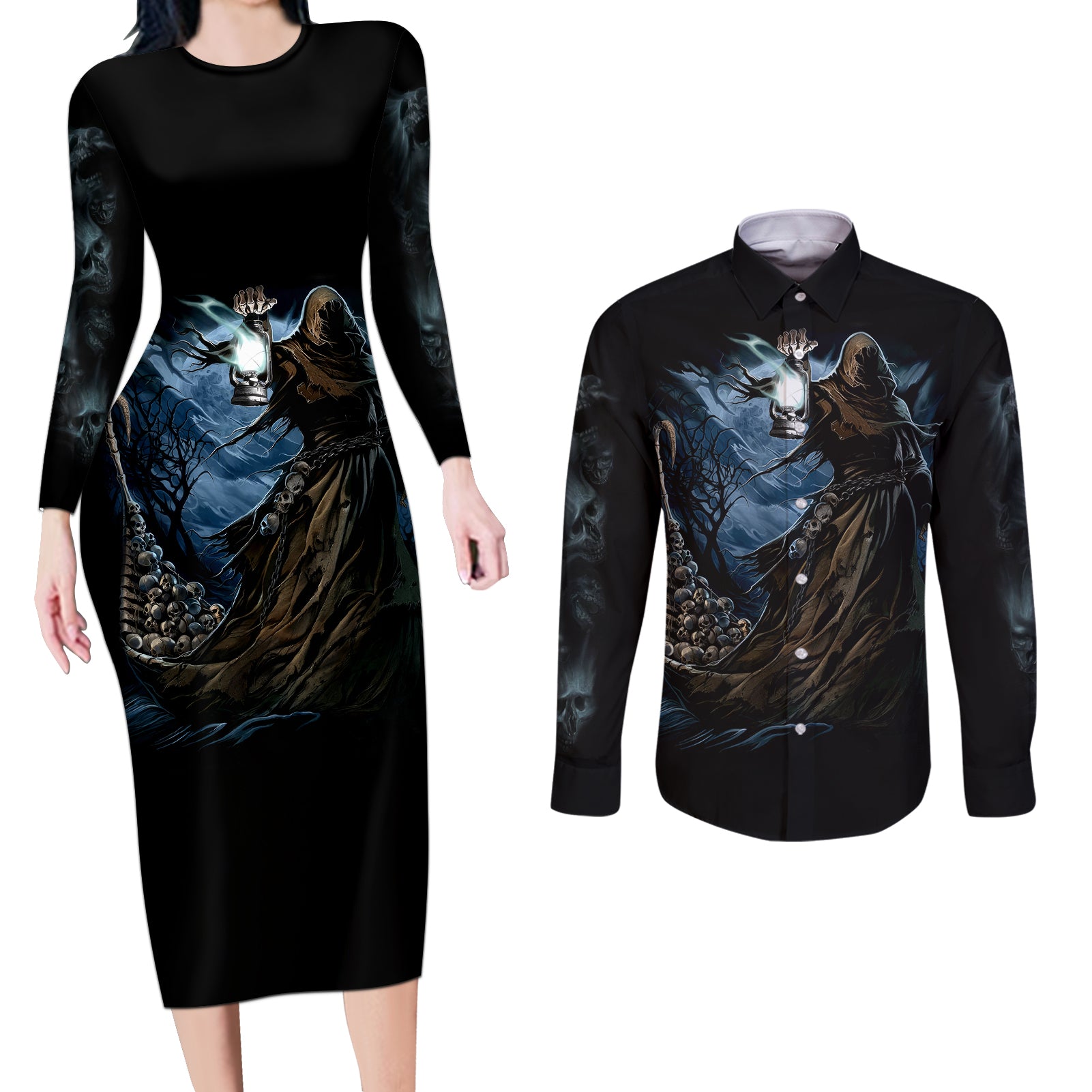 grim-reaper-couples-matching-long-sleeve-bodycon-dress-and-long-sleeve-button-shirts-the-ferryman-of-the-underworld-with-charon-skull-black