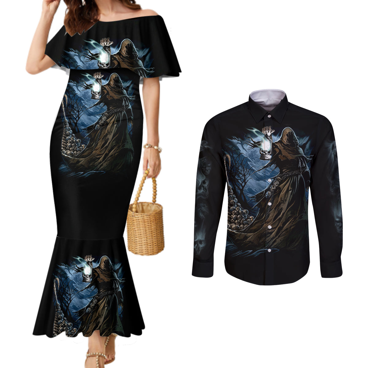 grim-reaper-couples-matching-mermaid-dress-and-long-sleeve-button-shirts-the-ferryman-of-the-underworld-with-charon-skull-black