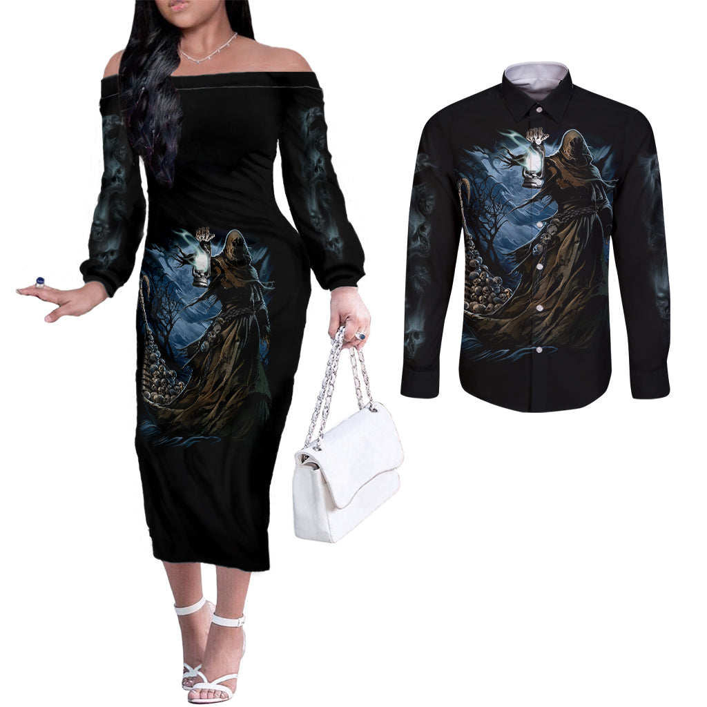 grim-reaper-couples-matching-off-the-shoulder-long-sleeve-dress-and-long-sleeve-button-shirts-the-ferryman-of-the-underworld-with-charon-skull-black