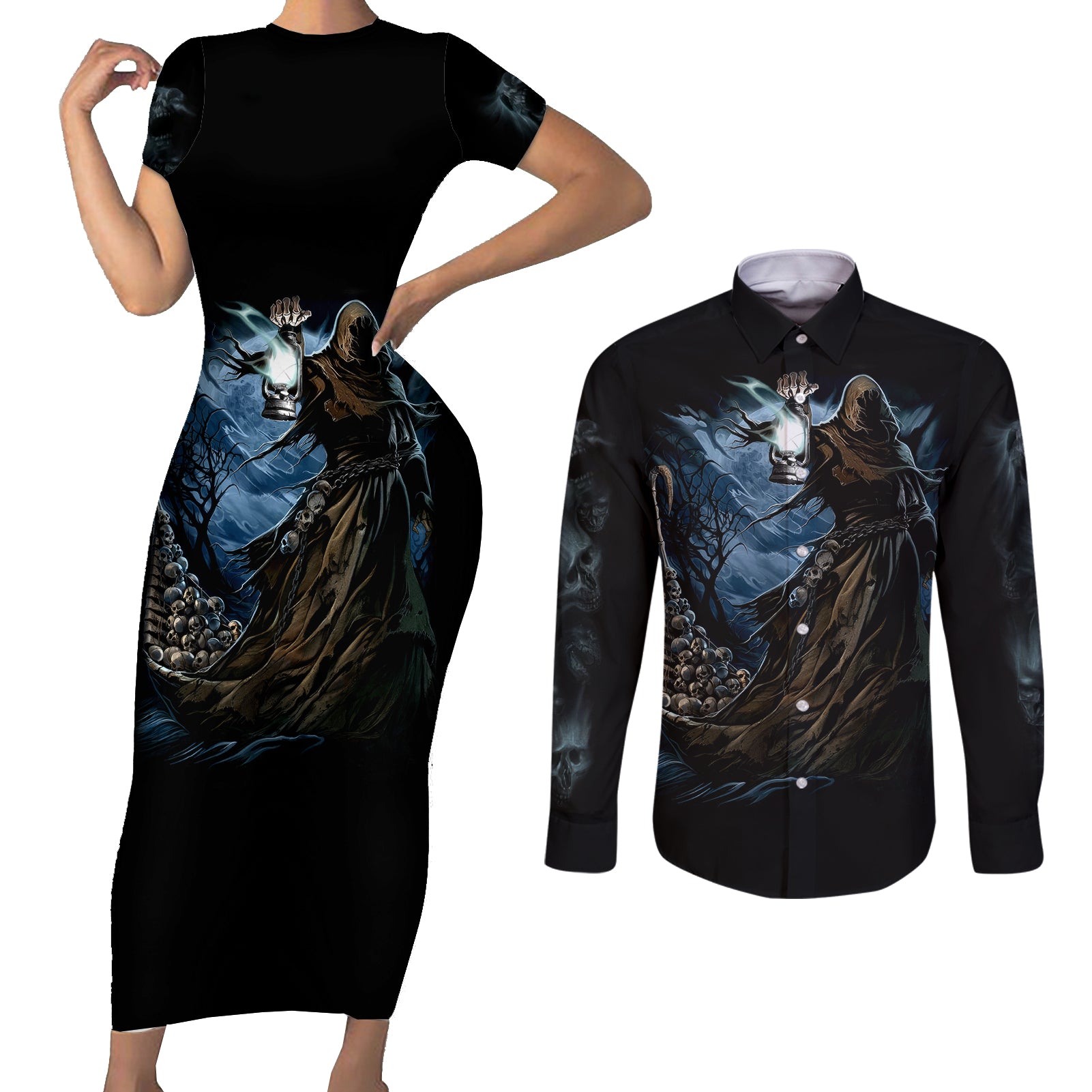 grim-reaper-couples-matching-short-sleeve-bodycon-dress-and-long-sleeve-button-shirts-the-ferryman-of-the-underworld-with-charon-skull-black