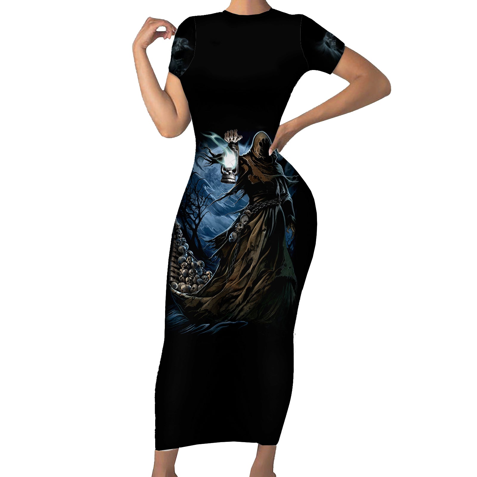 grim-reaper-short-sleeve-bodycon-dress-the-ferryman-of-the-underworld-with-charon-skull-black